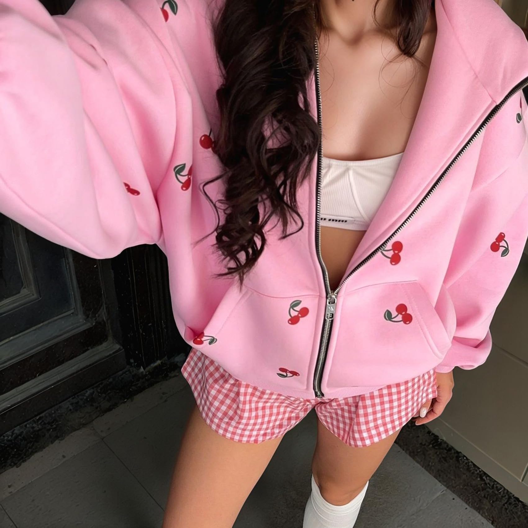 Sudadera con Capucha y Cremallera para Mujer, con Estampado de, Larga y Corte Oversize, Estilo Y2K Rosa M