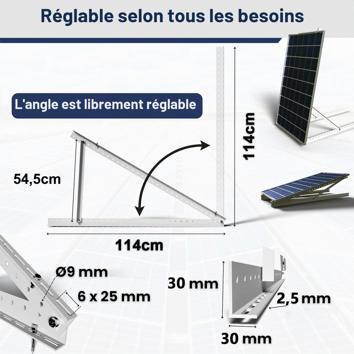 1 ensemble de supports de montage de panneau solaire réglables de 114,3 cm avec pieds inclinables pliables, convient pour 1 à 2 panneaux solaires de 100, 200, 300, 400, 500 W pour toit, camping-car
