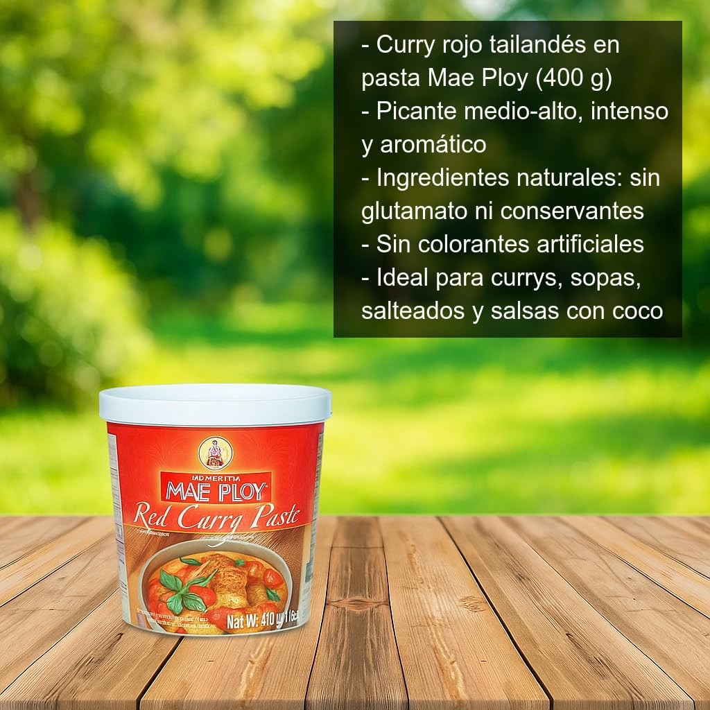 Pasta de Curry Rojo Tailandés 400 g, base auténtica para Red Thai Curry, picante medio-alto, sin glutamato