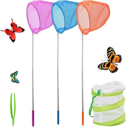 SEISSO Paquete de 3 redes telescópicas de mariposa para niños, kits de captura de exploradores al aire libre que incluyen redes de atrapar/jaula de