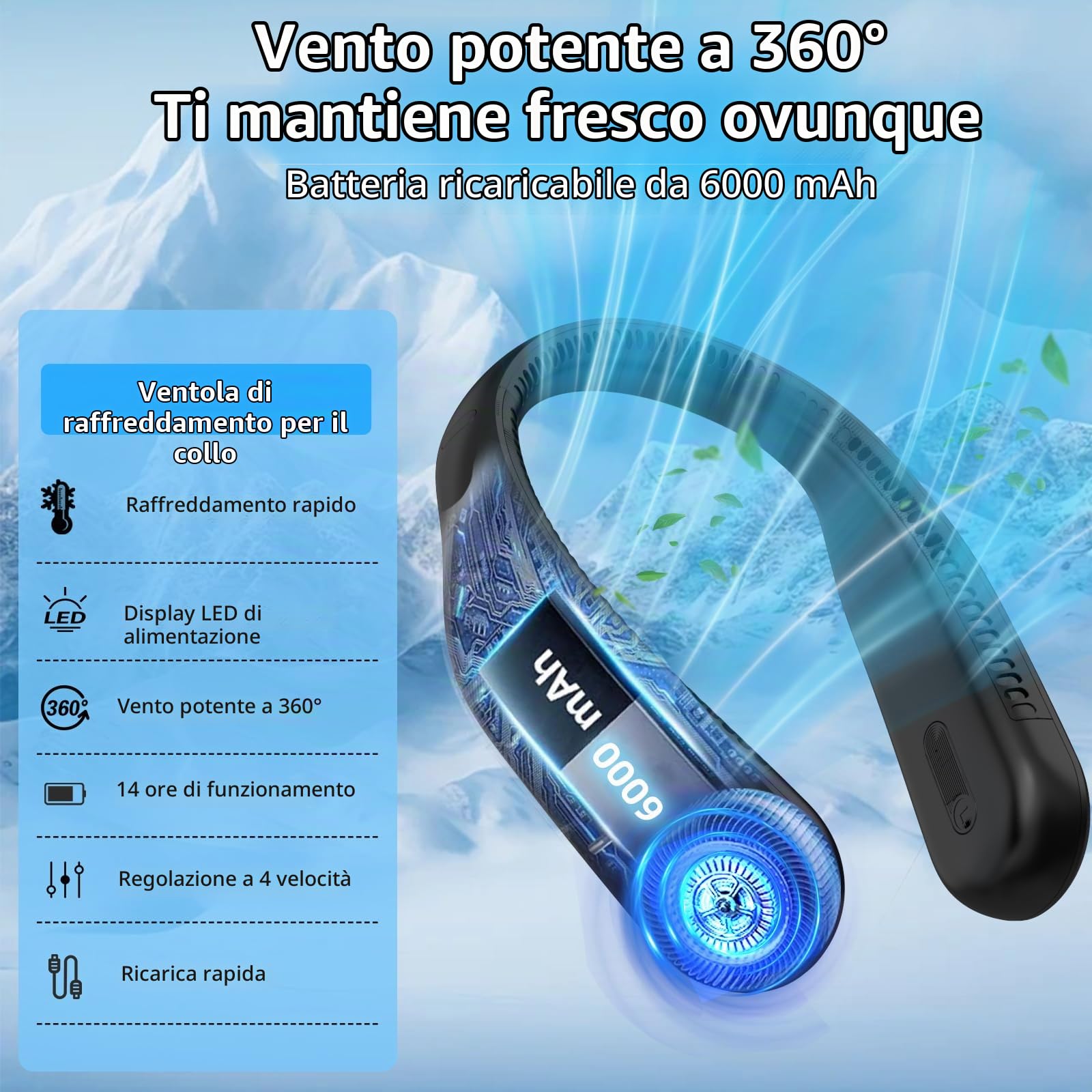 Ventilatore da collo portatile, senza pale, 6000 mAh, ricaricabile tramite USB, flusso d'aria a 360°, display a LED, 4 velocità, ventilatore a mani libere per esterni e interni, regalo di compleanno