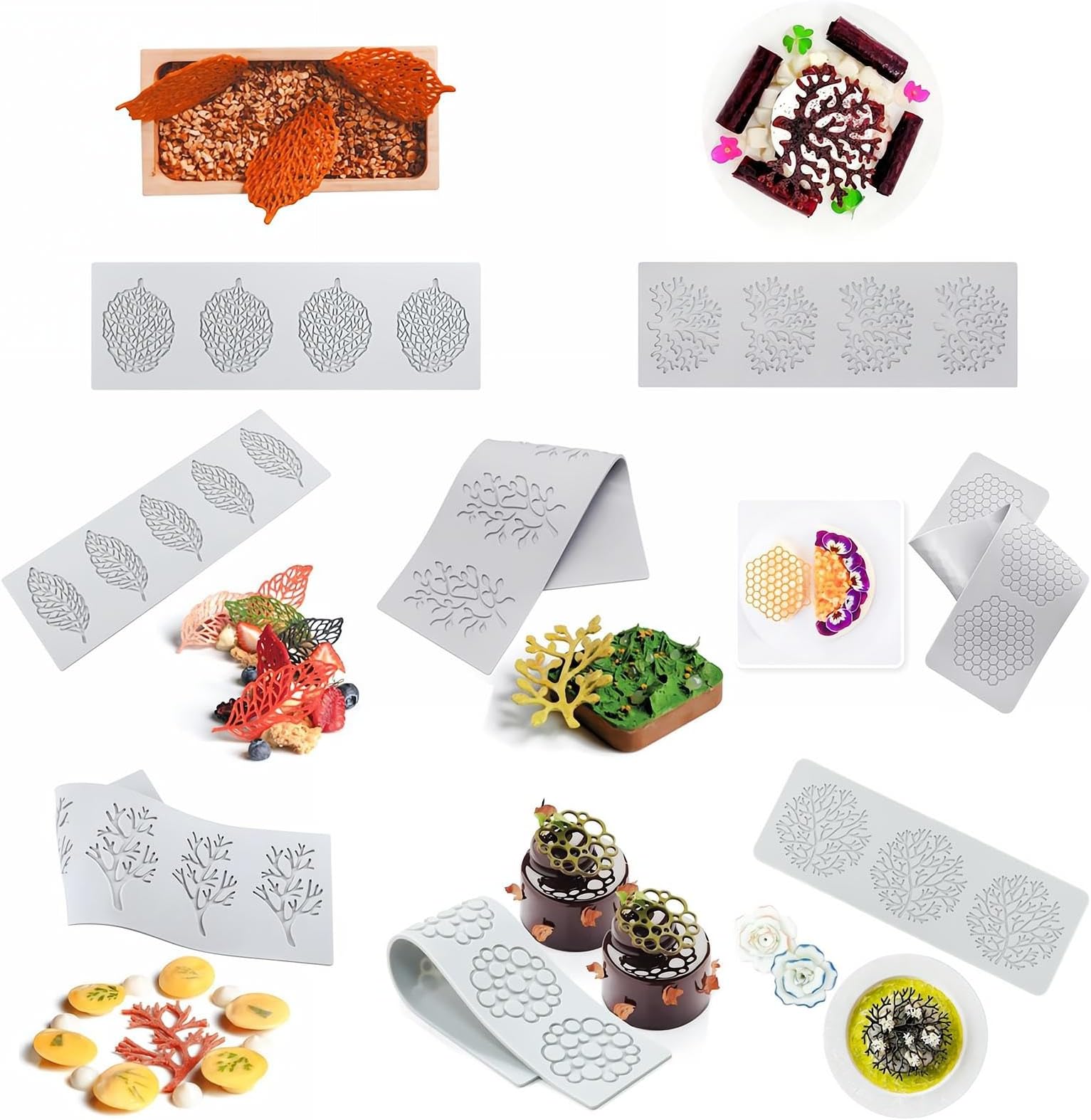 8pcs Silicone Chocolate Molds, Leaf Honeycomb Shaped Candy Baking 3D Silicone Tuile Molds, Fondant Clay Food Molds for Cake Decorating, Resin, Soap, Sugar Craft, Easy to Use and Clean