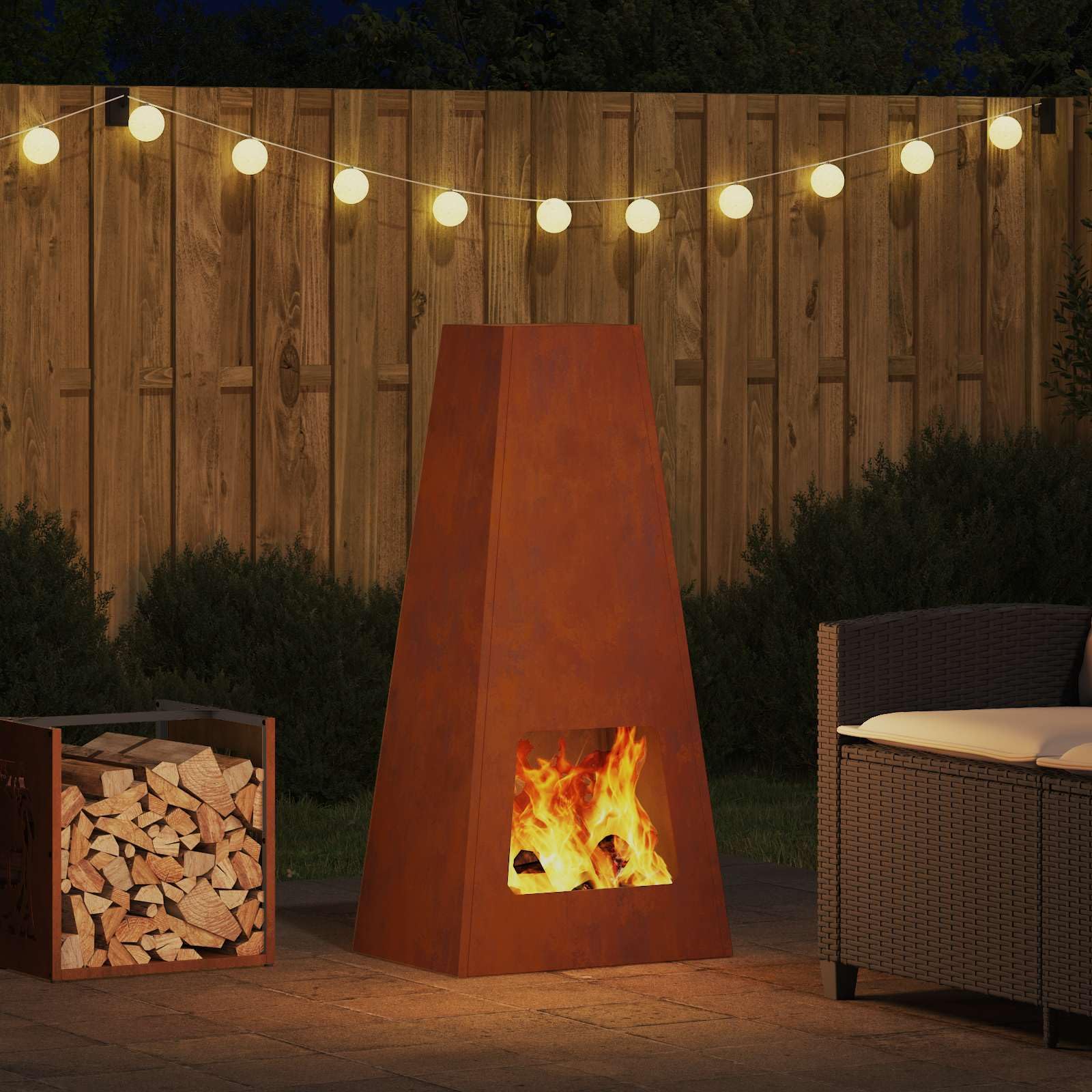 Feuerstelle Braun aus Wetterfeststahl 50 x 35 x 100 cm, kamin ofen feuerstelle schornstein optik für terrasse garten haus, outdoor wärme und deko