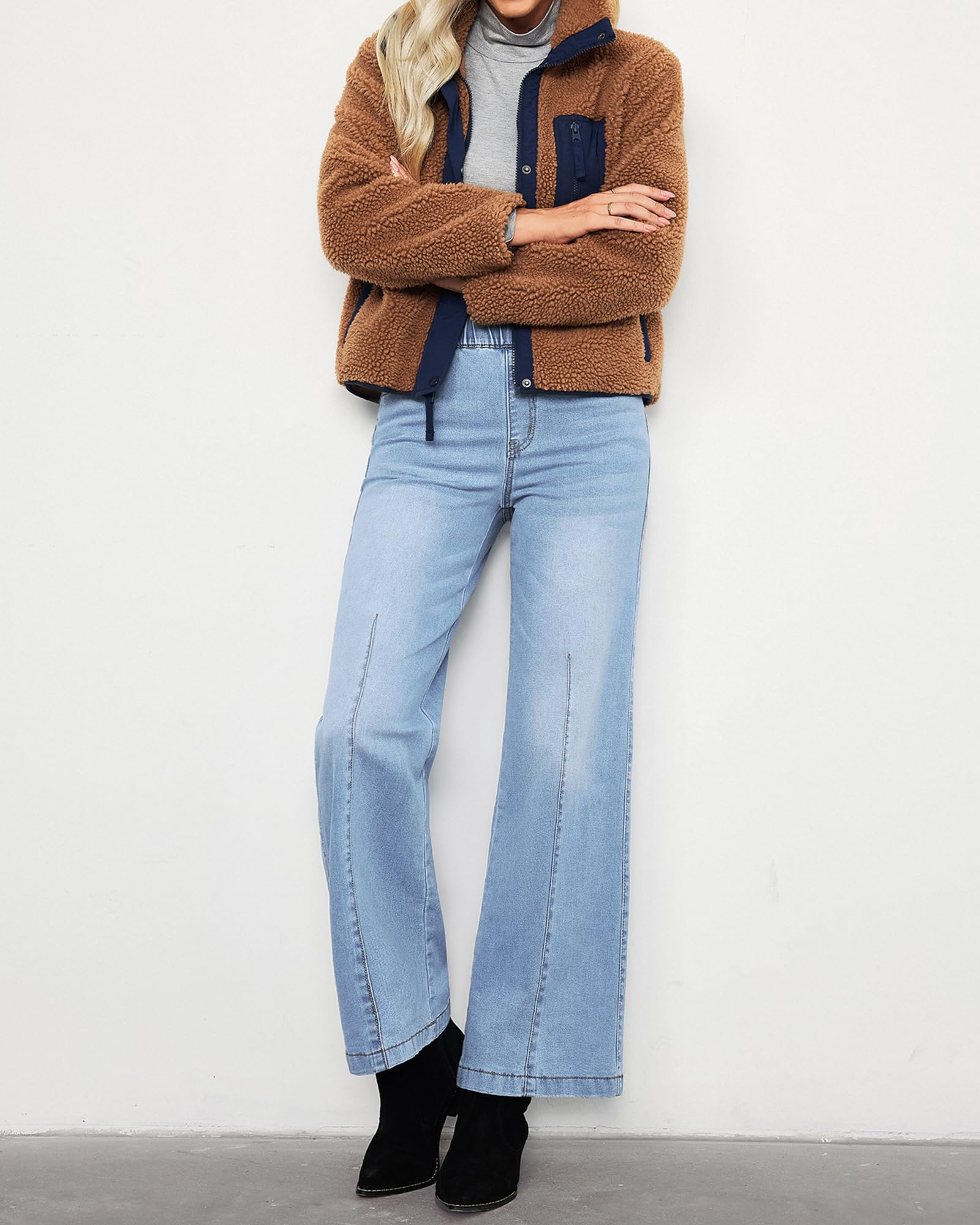 Roskiky Jeans Damen High Waist Pull On mom Jeans Stretchy High Waisted Denim Wide Leg Trouser Pants Trendy Front Seam 90s Loose Jean