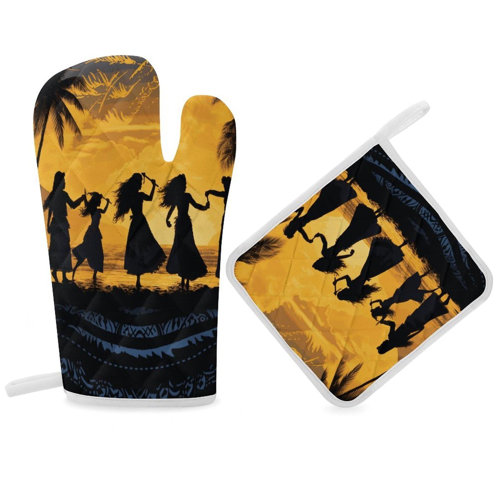 Fodpand Women's Style Five Silhouettes Of Hawaiian Dance Oven Mitts And Pot Holders Sets,Oven Gloves For Kitchen Oven Mitts And Potholders For Baking Cooking Grilling Apartment Essentials