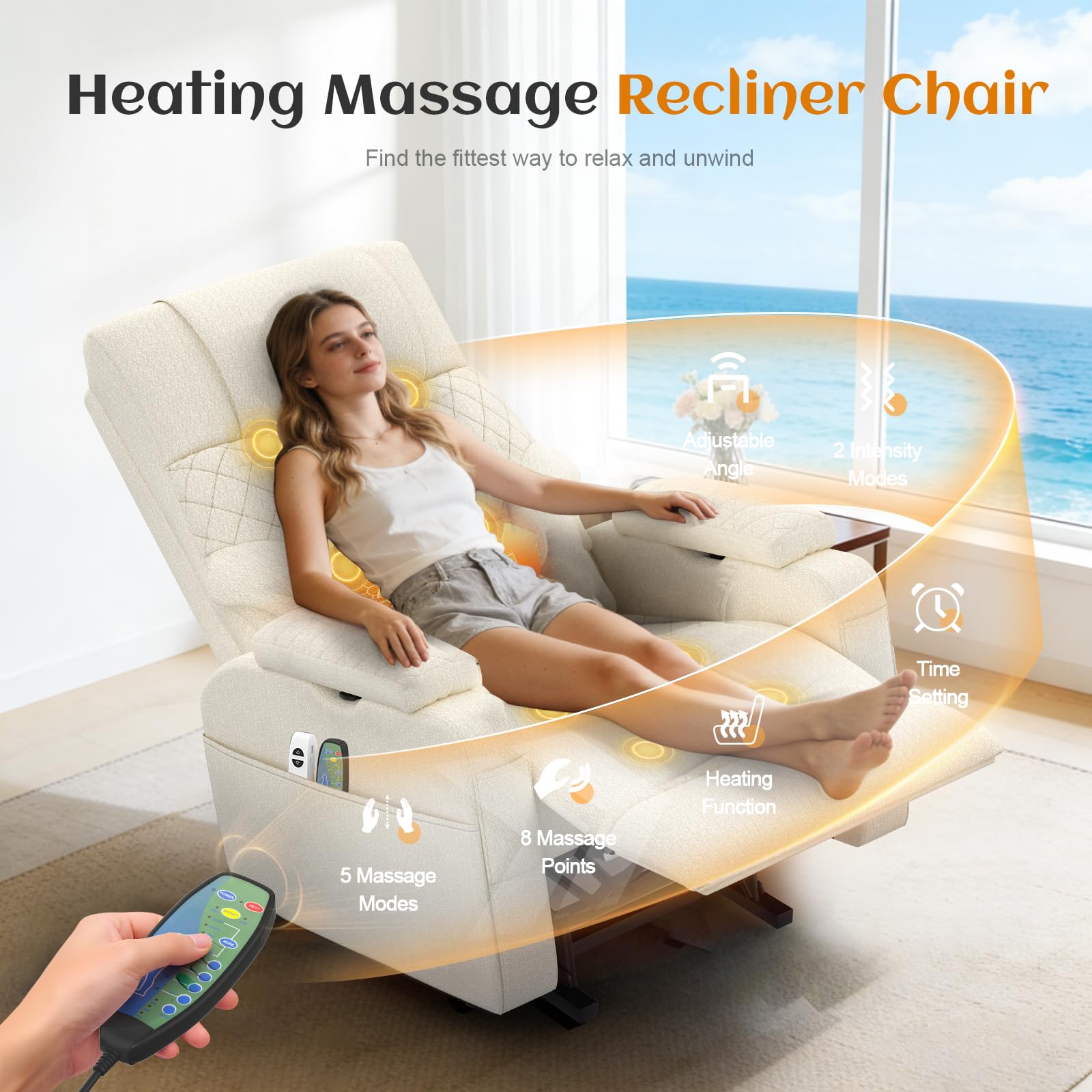 Relaxsessel Fernsehsessel Elektrischer Massagesessel mit Wärmefunktion,3D Verstellbare Armlehnen, Zusätzliche Lendenwirbelstütze,TYP C&USB-Anschlüsse,4 Aufbewahrungstaschen,TV Sessel für Heimkino