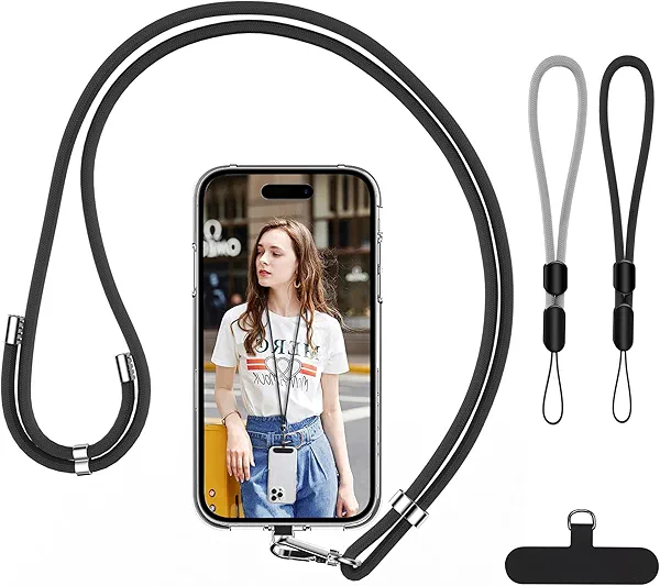 takyu Cell Phone Lanyard, Crossbody Phone Lanyard Adjustable Neck Strap and 2 Pack Phone Wrist Strap with Phone Tether Patches for Most Smartphones-2Black+Grey