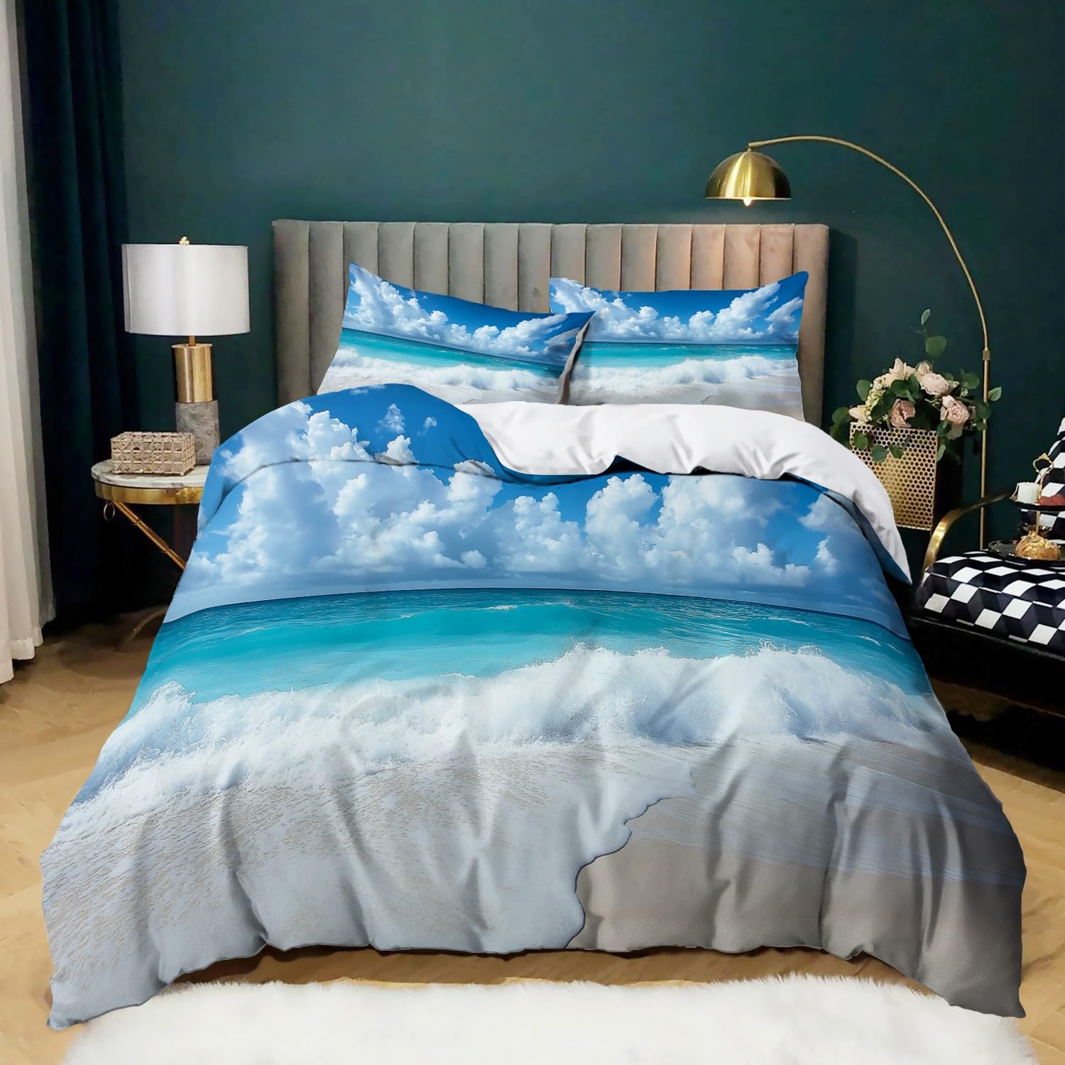 Funda Nordica Cama 90 de 3 Piezas Olas de la Playa del océano Juego de Funda Nordica 150x200 cm Suave Transpirable y 2 x Fundas de Almohada de 50x75 para Ropa de Cama Infantil Niño Chico Niña