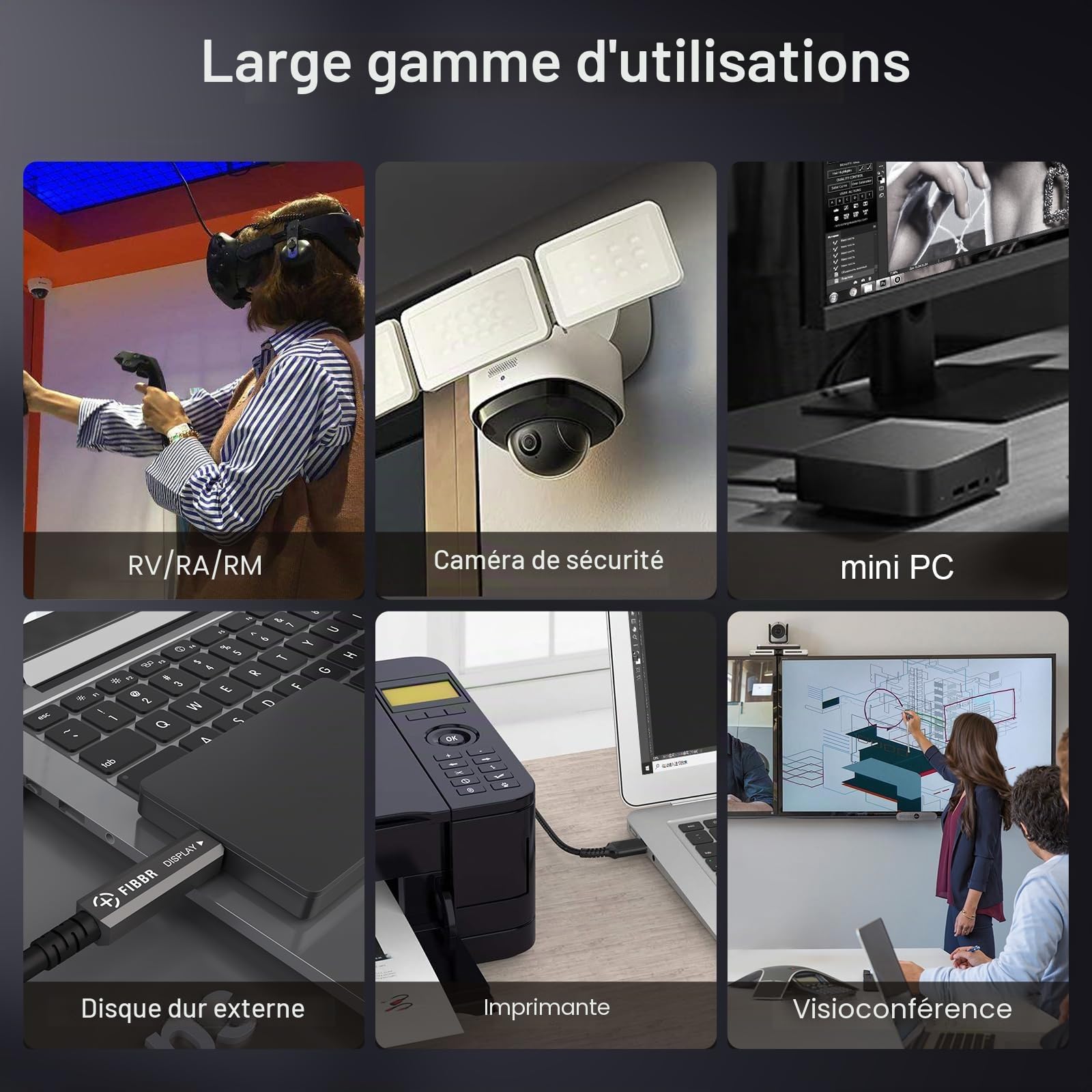 FIBBR 3 en 1 USB Câble 10M, Câble USB C vers USB C de 10 Gbps, 8K USB 3.2 GEN2 Câble, PD 60W pour la Vidéo à Domicile, Câblage de Surveillance, Système de Vision Industrielle, HD Vidéo