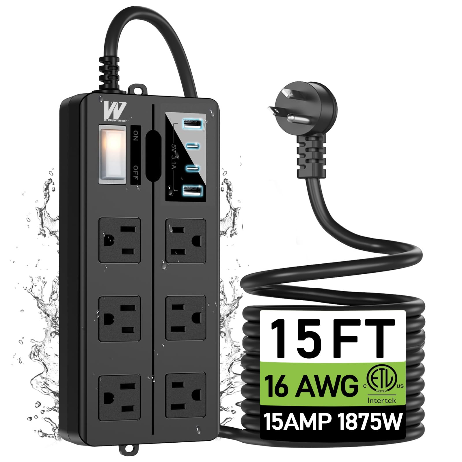 15FT Outdoor Waterproof Power Strip Surge Protector with 6AC Outlets 4USB Ports Power Switch Safety Lock, ETL Certified for Patio Garden Charging