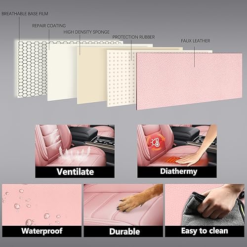 Miniatura 7 de Fundas de asiento que adaptan a casi todos los automóviles, camiones, sedanes y camionetas, de piel sintética impermeable y cobertura completa (rosa)