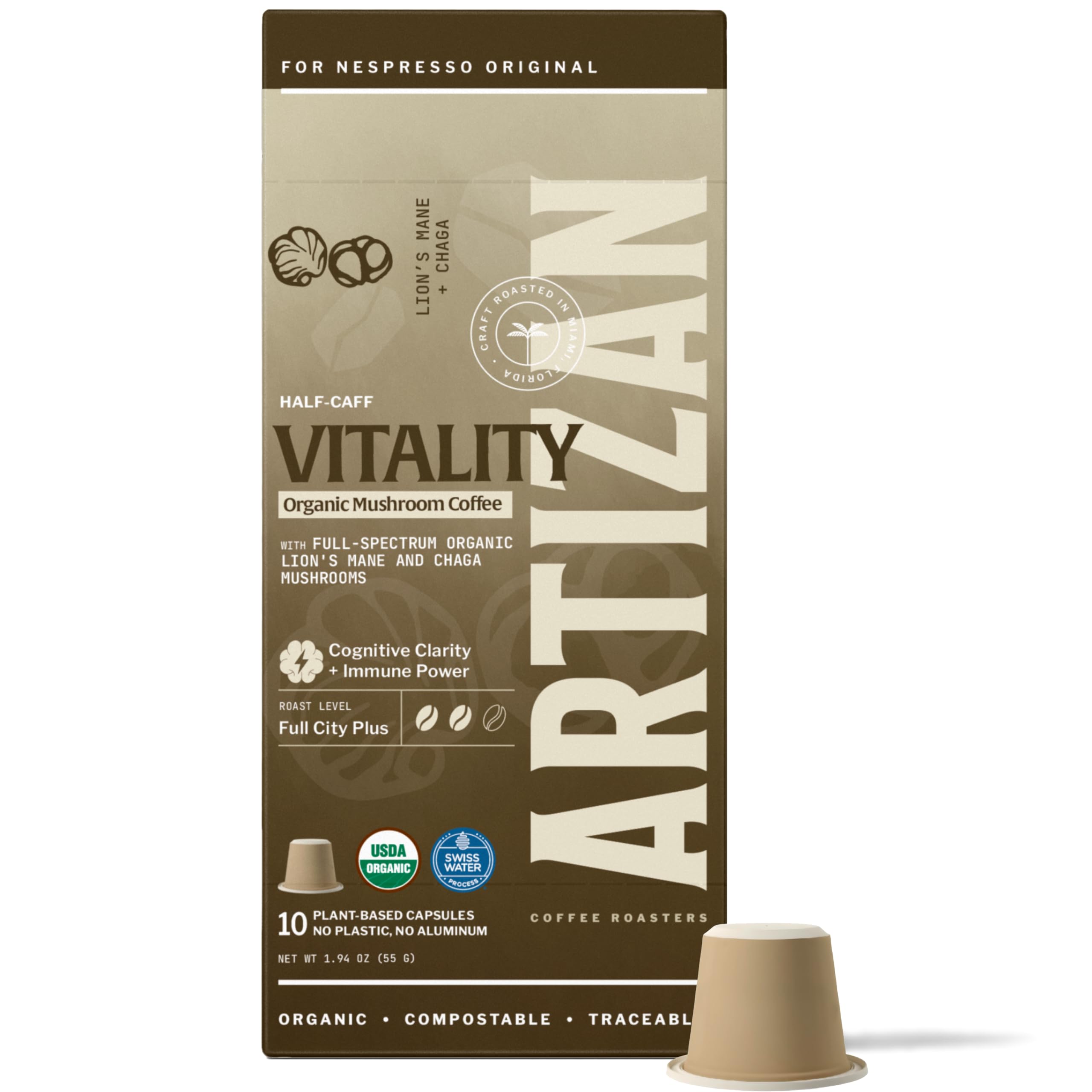Artizan Organic Lion’s Mane & Chaga Mushroom Coffee Pods for Nespresso Original Line | Cognitive Clarity + Immune Power | 120 Compostable Espresso