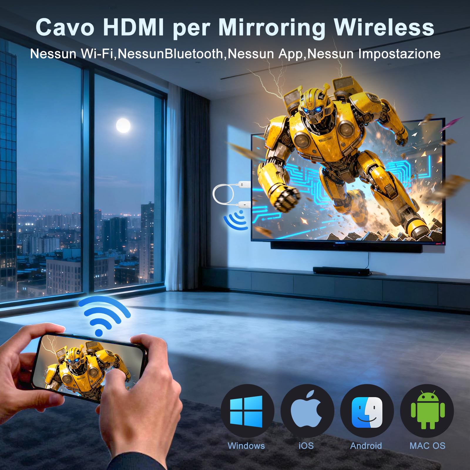 FEINODI Adattatore Wireless HDMI per iPhone, Cavo di Riflessione Wireless per iPhone, i-Pad, Android, Windows su TV/Monitor/Proiettore, Riproduzione di Video/Audio/Files, Supporta Airplay e Miracast