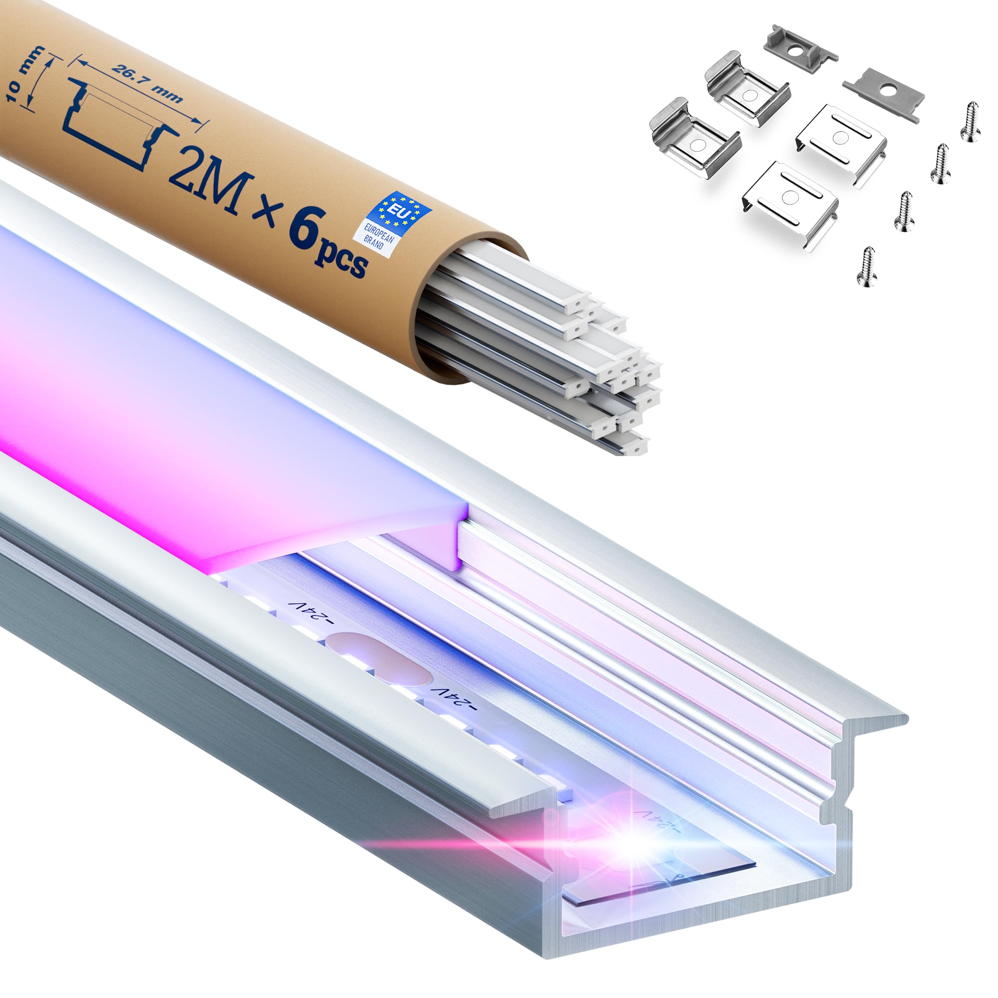 Perfil LED para paneles de yeso, 2 m x 6 unidades, perfil en U para tiras LED de hasta 15,5 mm, tamaño 19,7 (alas 26,7 mm) x 10 mm, con difusor de luz de PC, perfil de montaje con accesorios de