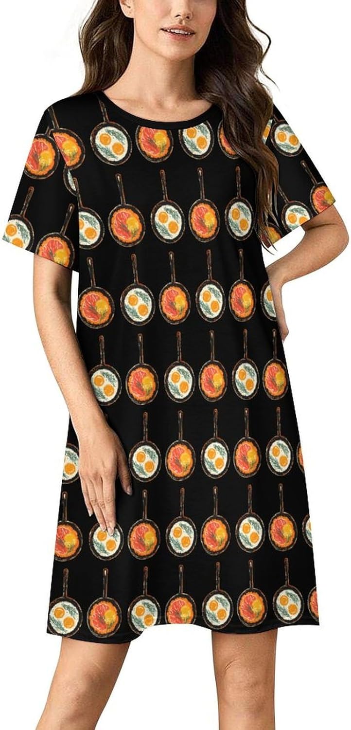 Breakfast Egg Meat Nightgowns for Women Short Sleeve Sleep Dress Casual Sleepshirt Night Gowns Pajamas