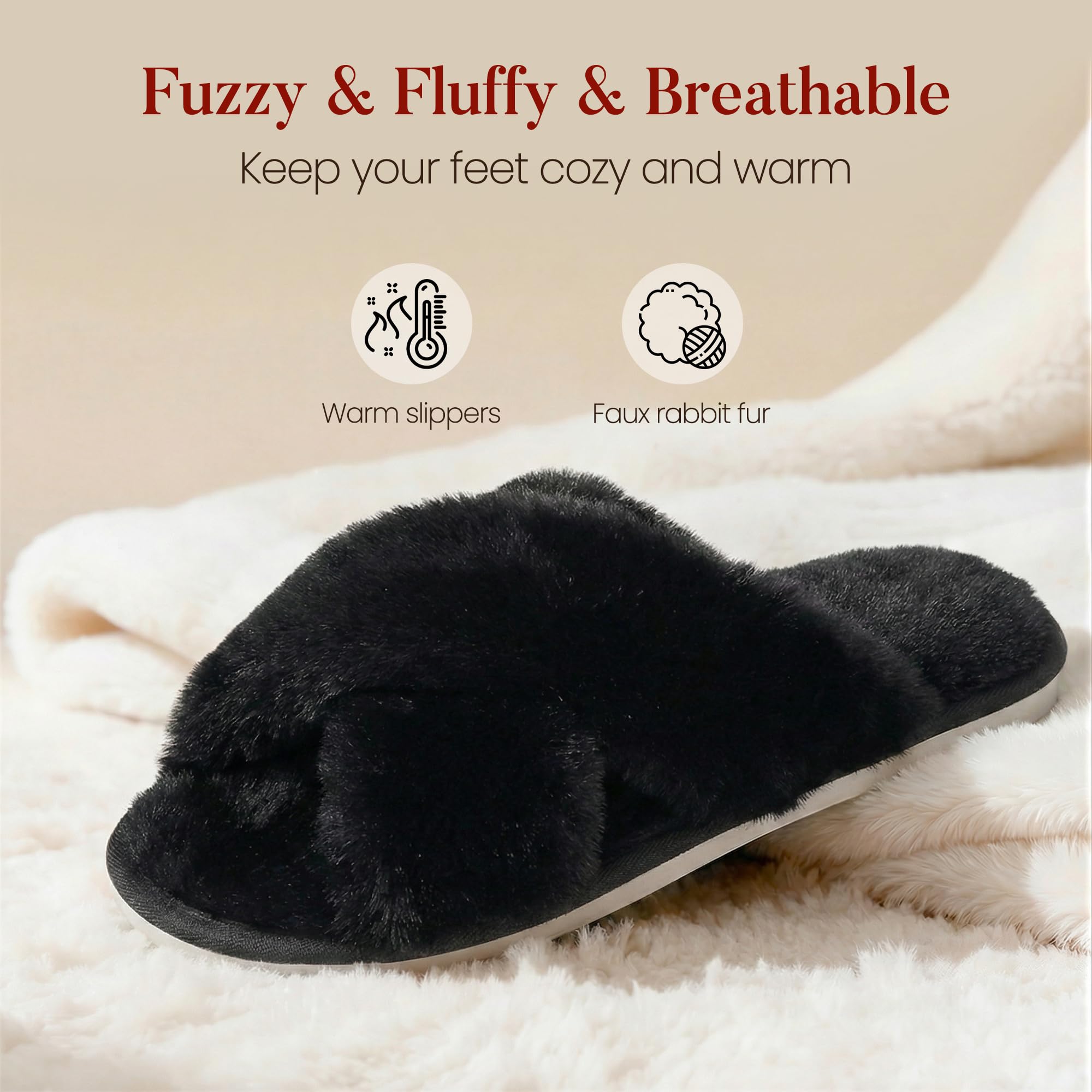 Ankis Womens Fuzzy Slippers Memory Foam Cross Band Cozy House Slippers Plush Home Fluffy Furry Slippers Open Toe Cute Soft Ladies Indoor Outdoor Slipper Slides Wedding Bride Shoes Gifts: 9-10 Black
