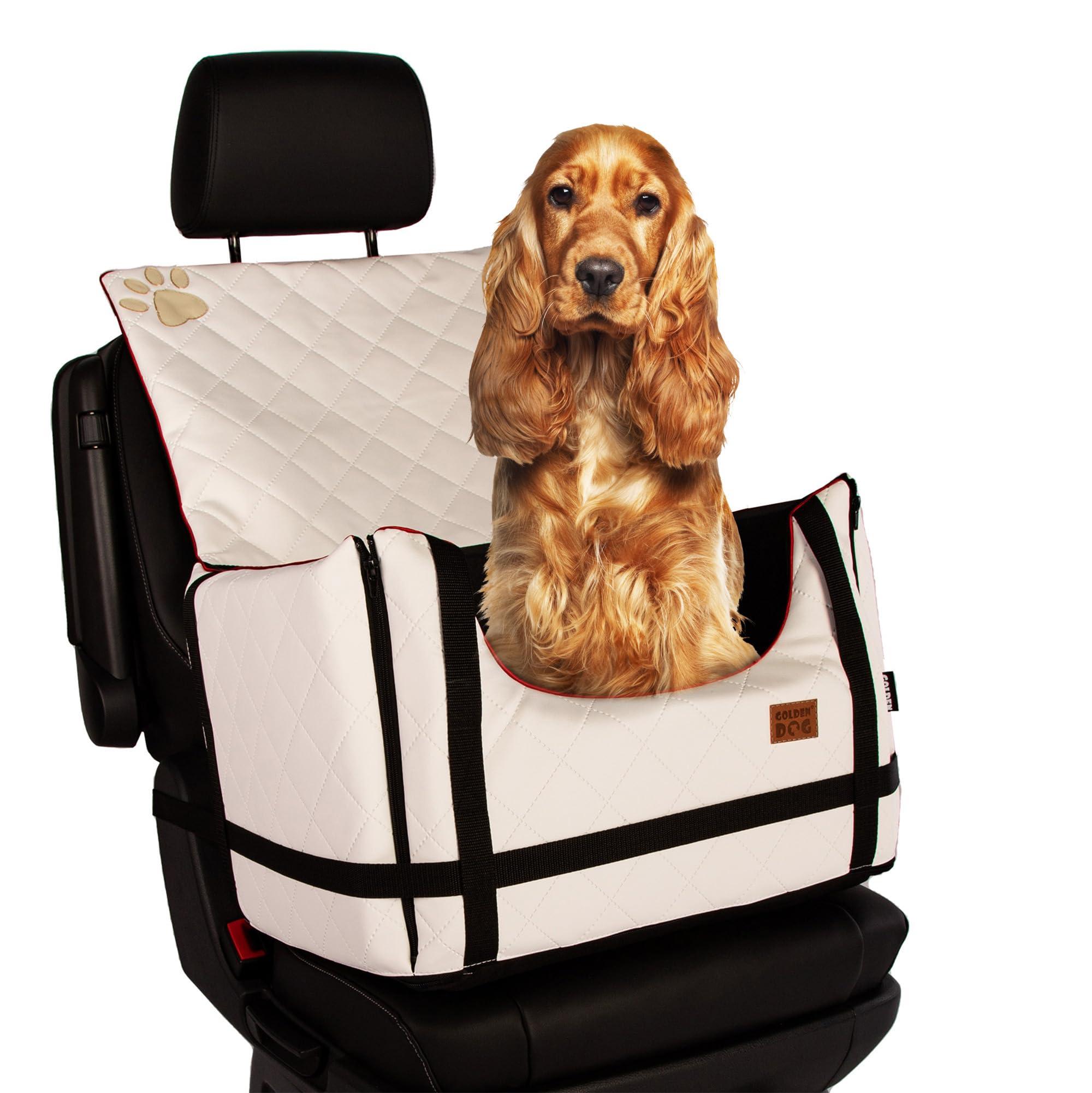 Golden Dog - Transportín para perro con cinturón de seguridad L-65 x 53 x 27 cm - Piel imitación asiento de coche para perro, resistente al agua - Asiento de pasajero para perros plegable - Cinturón