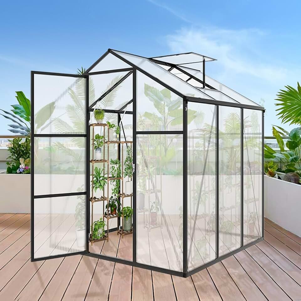 Brilluxa Walk-in Garden Greenhouse, 6x6 FT Polycarbonate Plant House with Aluminum Frame, Adjustable Vents, Lockable Door and UV Protection for Backyard Growing