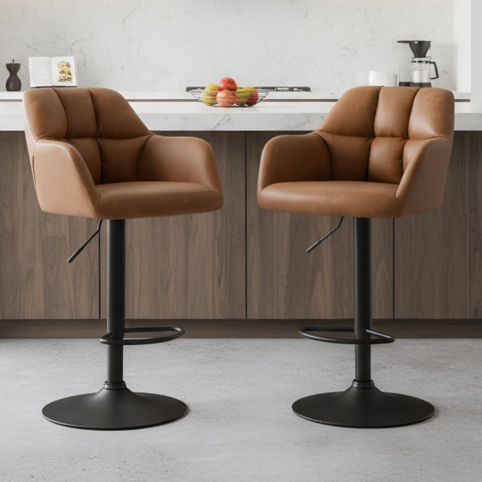 Juego de 2 Taburetes Altos Altura Ajustable, Taburete de Bar de Cuero con Cojin y Barandilla Suave, Taburete de Cocina para Bar/Restaurante,Marron