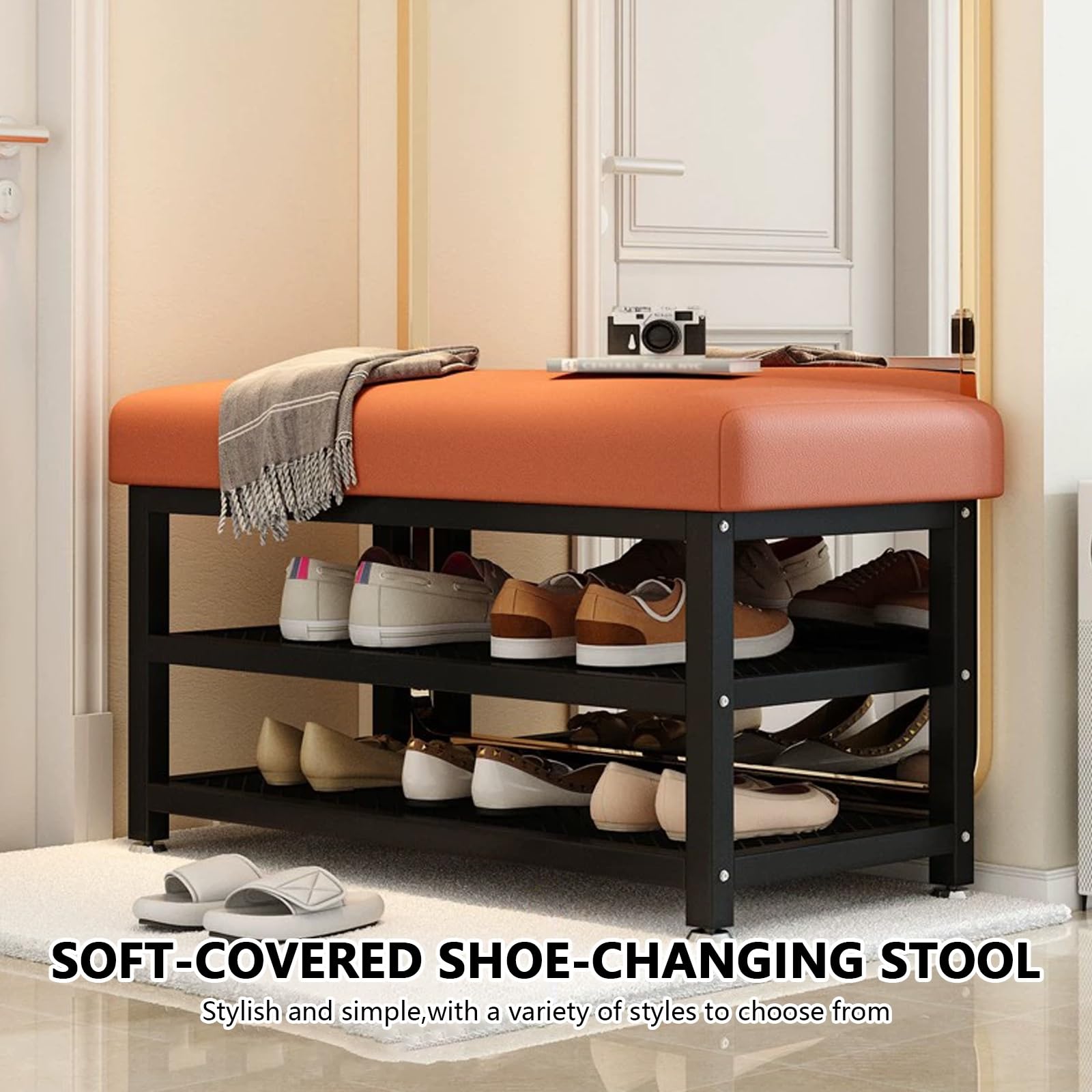 Banco de Entrada Moderno con reposapiés tapizado para baño y Dormitorio. Banco Tipo receptáculo para Sala de Estar. Asiento de sofá con reposapiés.