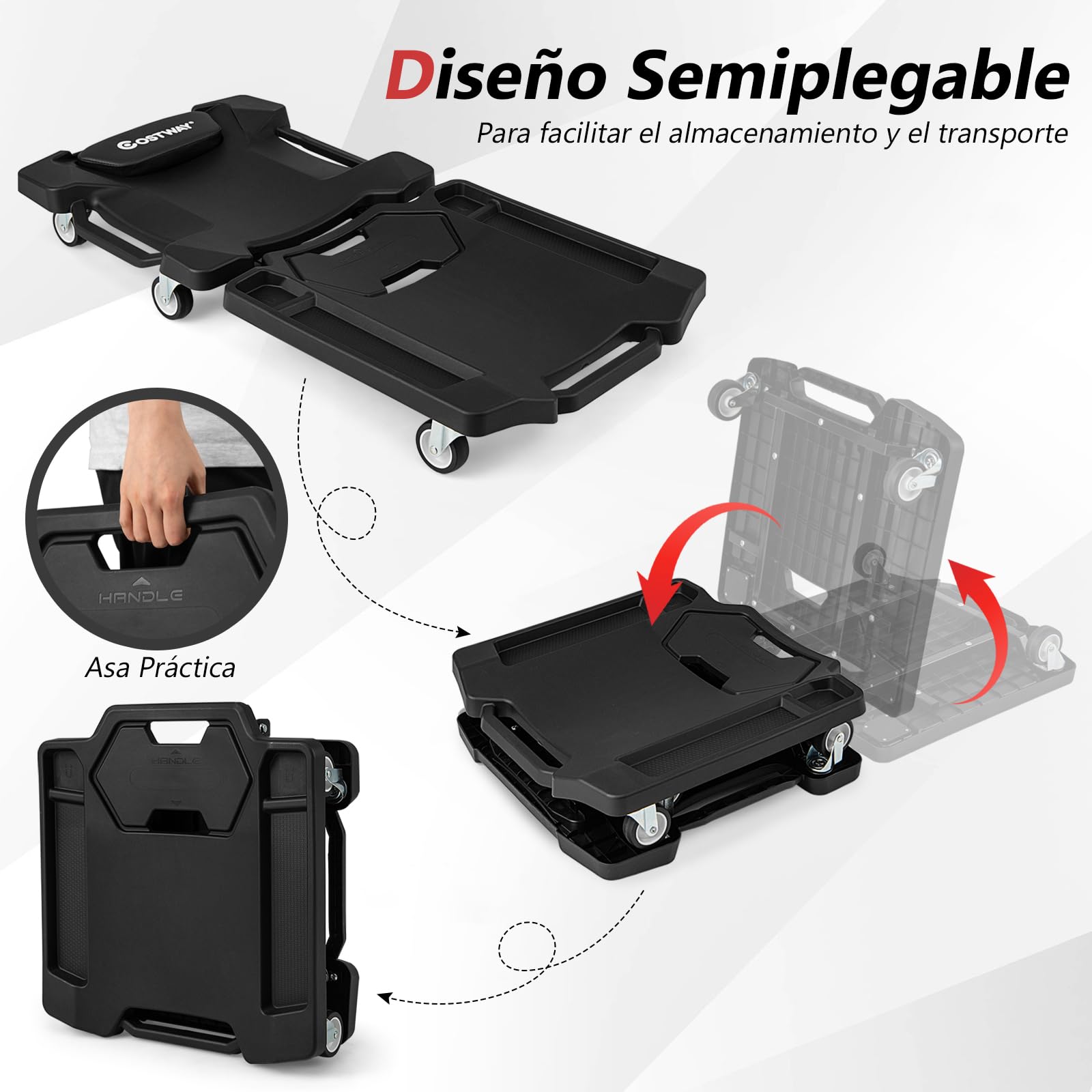 GOPLUS Camilla de Visita Plegable para Mecánicos con 6 Ruedas Giratorias, Tablero con Ruedas y Reposacabezas, Bandejas para Herramientas, Carga de 150 kg, para Garaje, Taller y Reparaciones