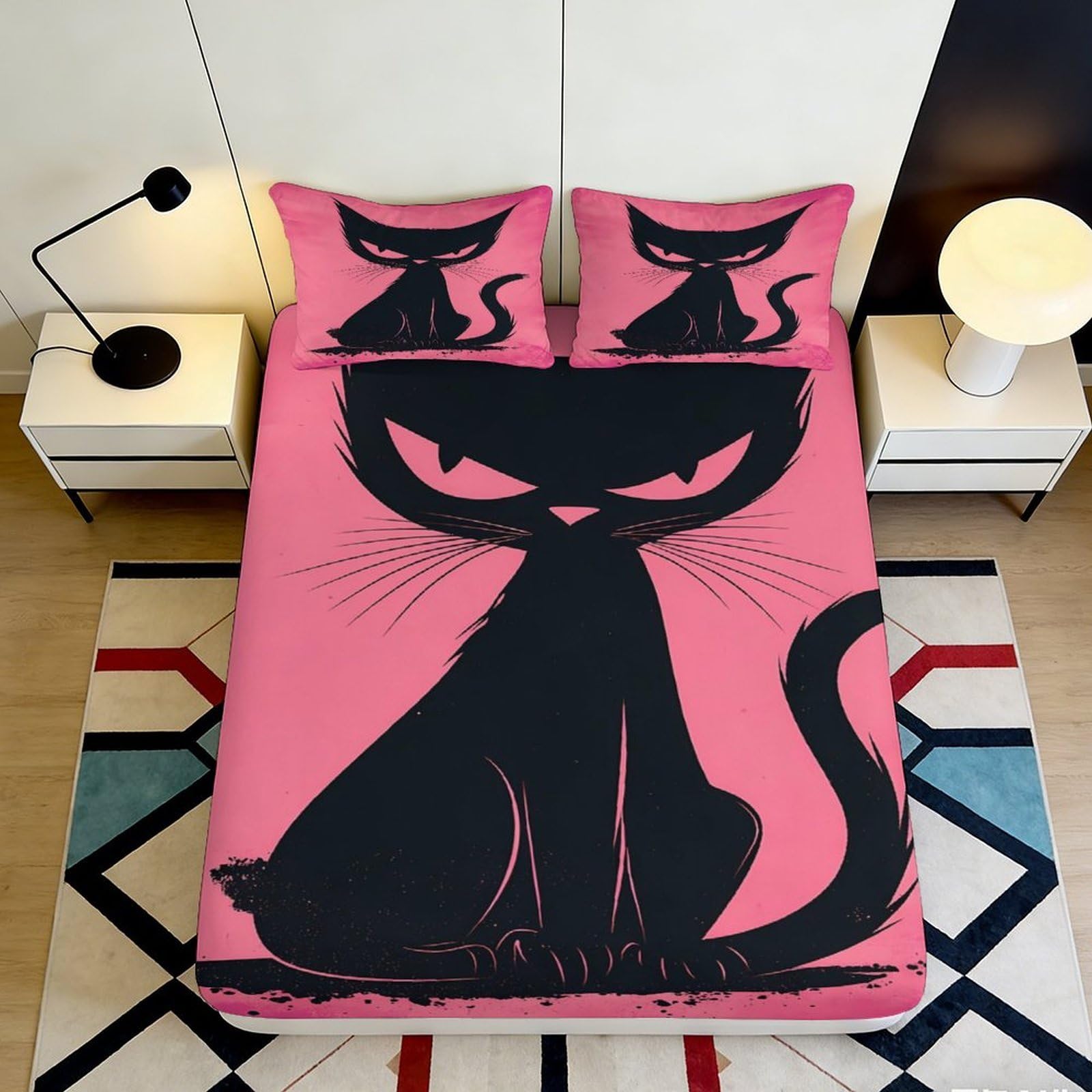3D Printed Black Cat Cartoon Fitted Sheet Microfiber Pink Cat Silhouette Mattress Cover for Bedroom Dorm Easy Care 90x200x25cm