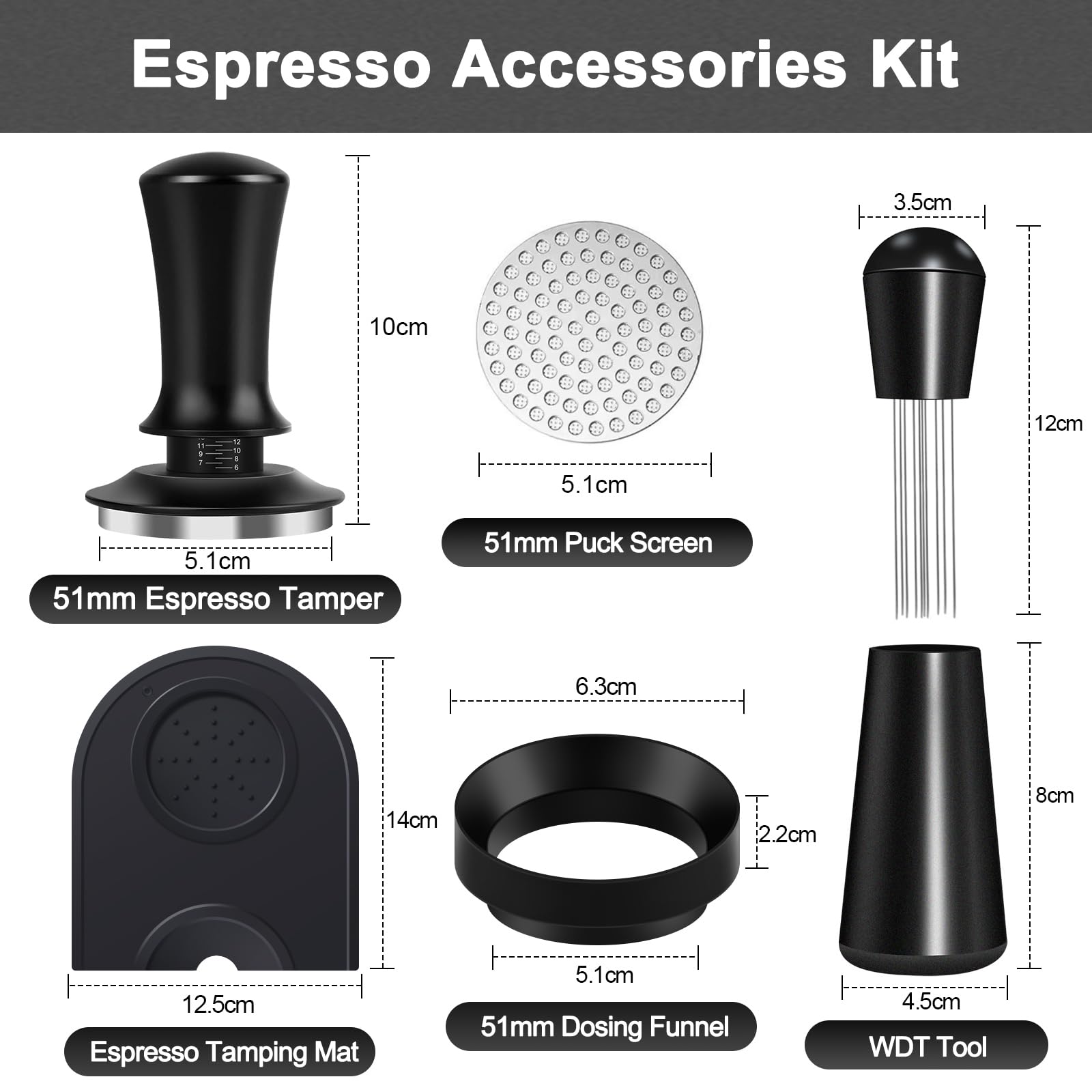 Kit de accesorios de café espresso de 51 mm, juego de prensador de café con prensador de espresso, herramienta WDT, tapete de manipulación de espresso, embudo dosificador de espresso