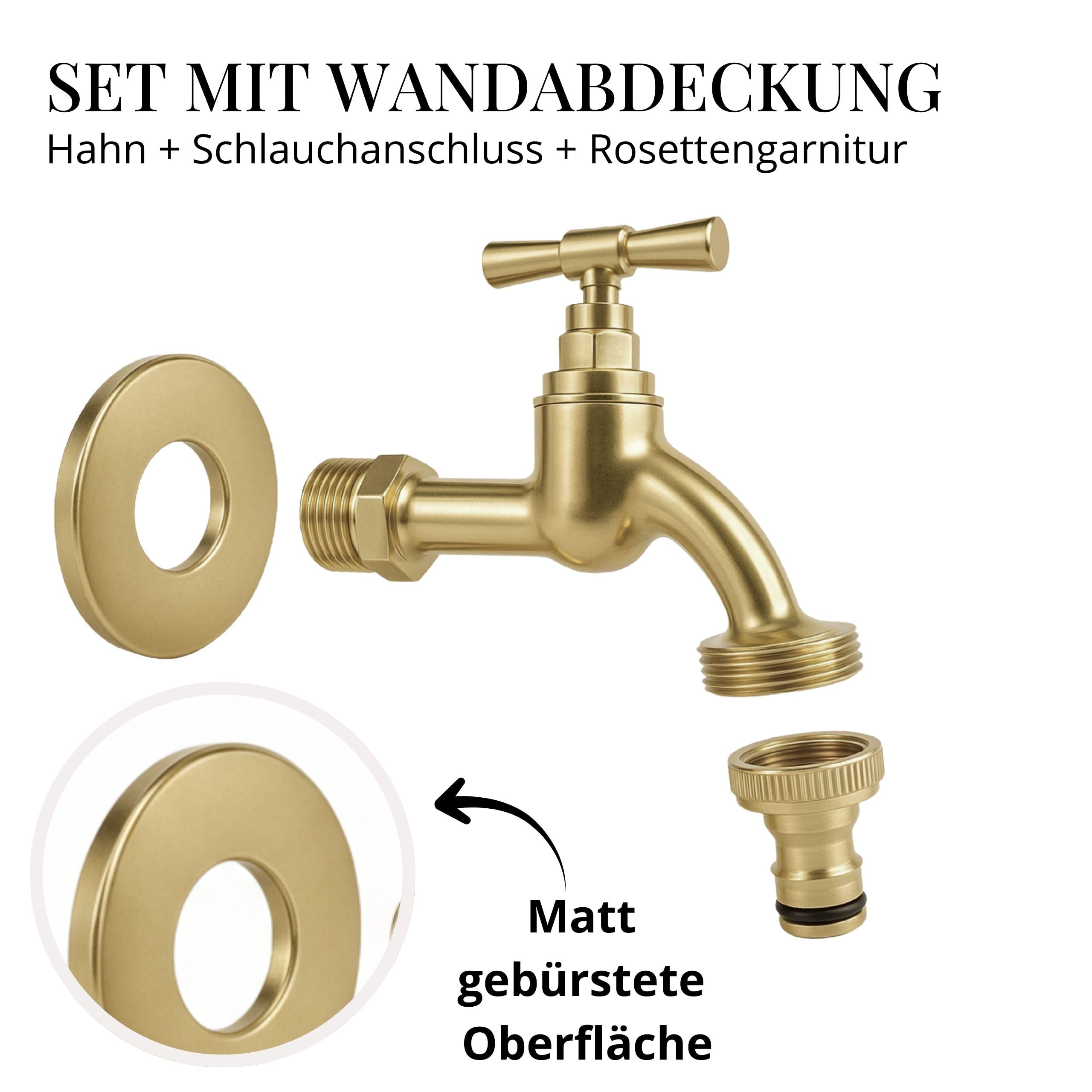 LIVLIG Premium Wasserhahn Garten, Außenwasserhahn frostsicher mit Rosettengarnitur & Schlauchanschluss, Kaltwasserhahn aus Messing, Design Wasserhahn Gold mit matter Pulverbeschichtung