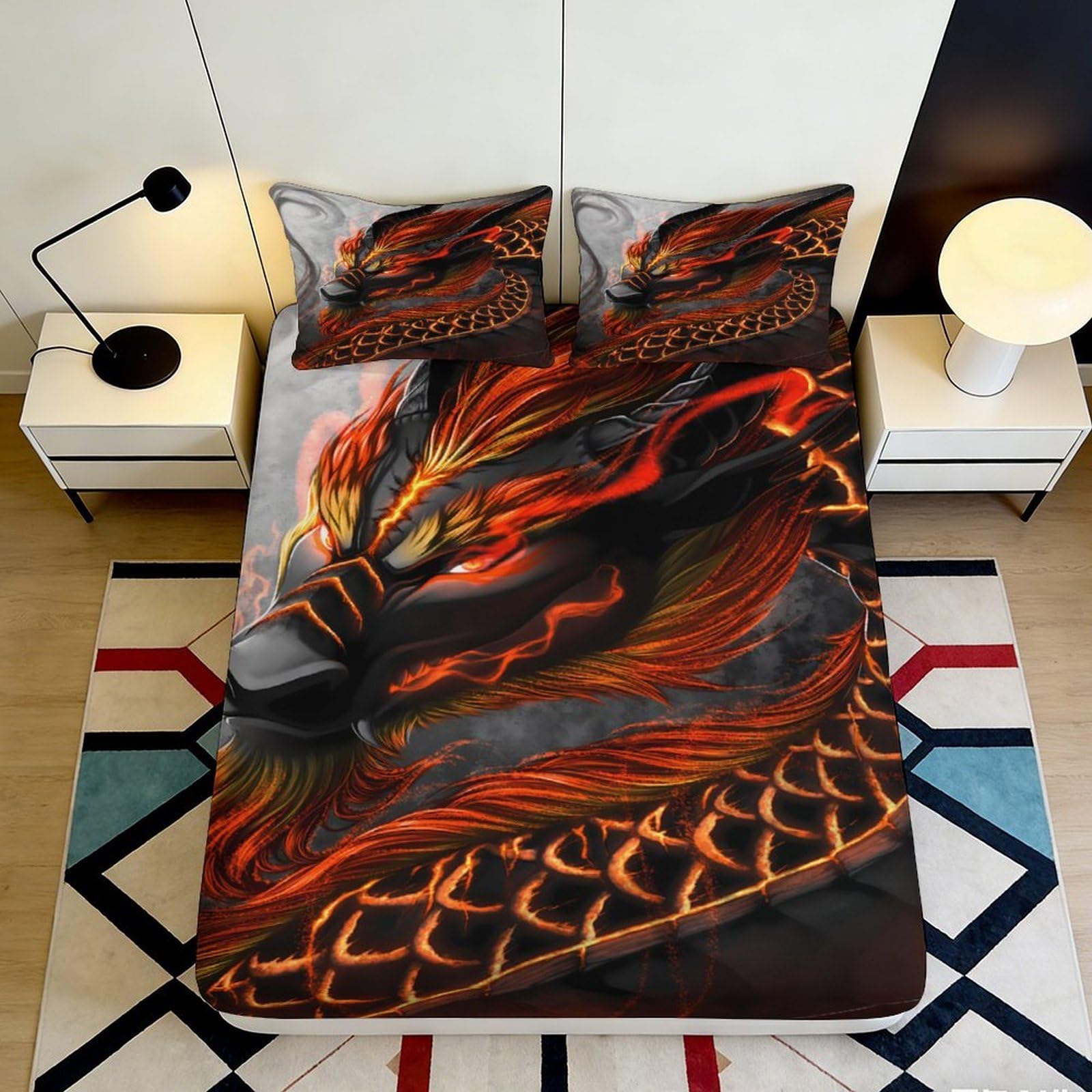Pnayamiorkfel Style-6 3D Printed Fire Dragon Fitted Sheet Microfiber Soft Breathable Black Red Flame Bed Cover For Bedroom Dorm Decor 90X200x25cm