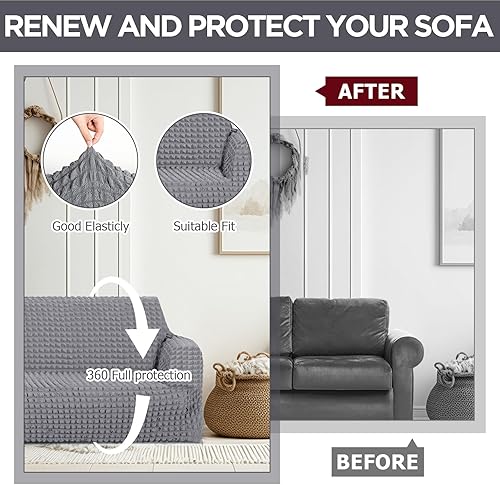 Miniatura 5 de Juego de 3 fundas de sofá para sala de estar, fundas elásticas y lavables, para sofá biplaza o sofá de gran tamaño, alta elasticidad (gris claro)