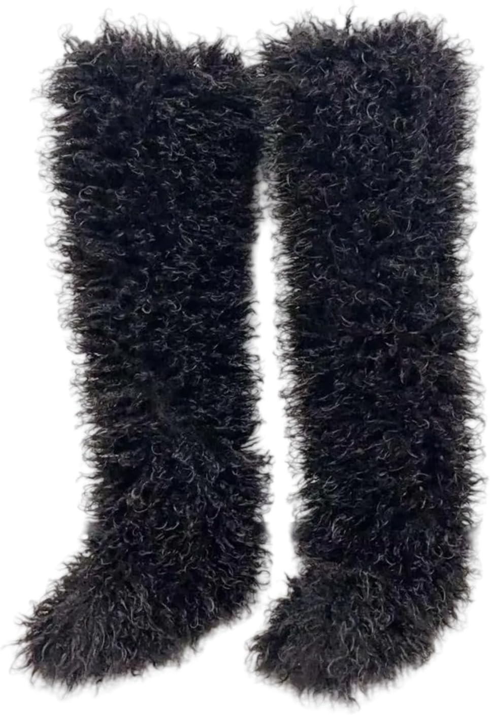 Black Thigh High Fur Boots, Over the Knee Fluffy High Boots, Tall Furry shoes for Women