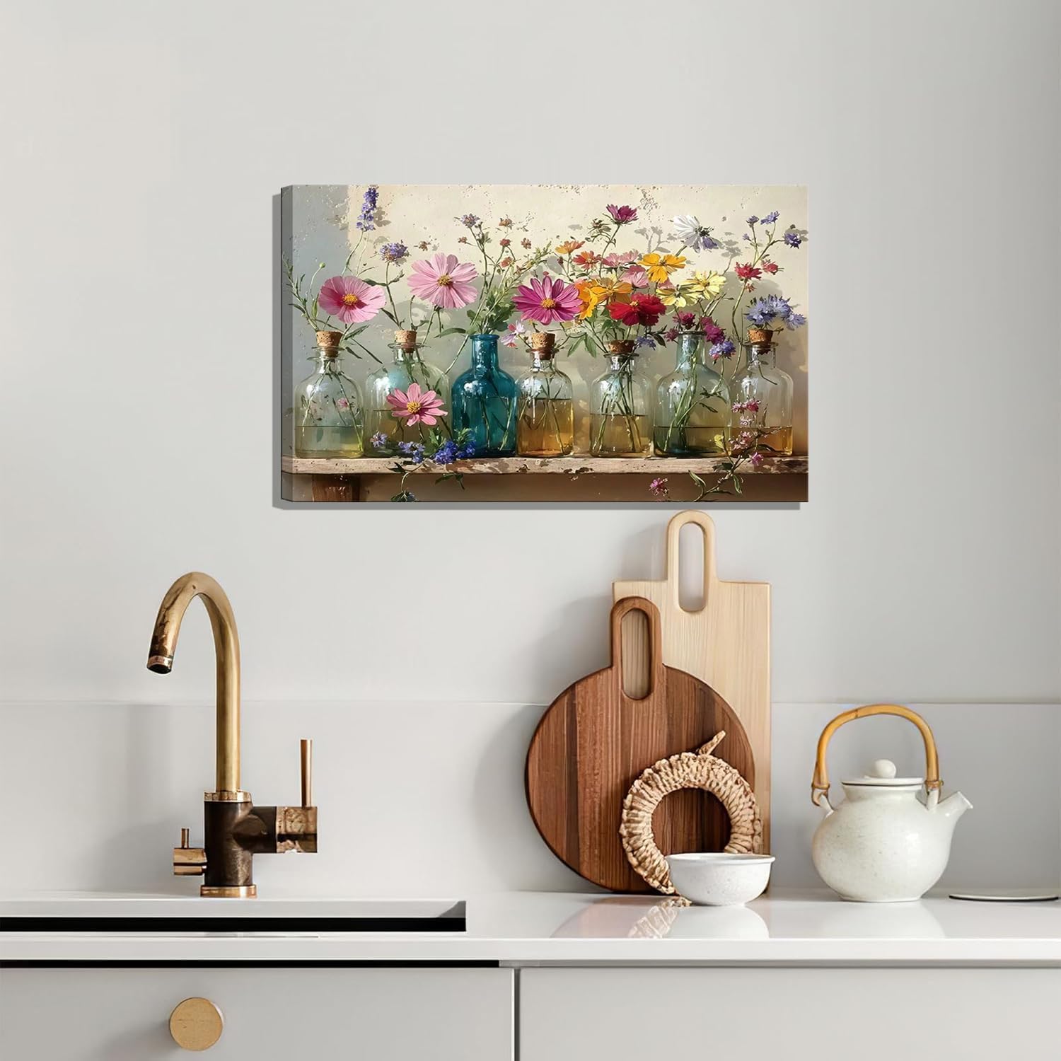 1Pcs Framed Retro Farmhouse Flowers Canvas wall art Colorful wildflowers Posters Prints Colored glass bottles Artwork Pictures Printing Wall Decor for Living Room Bedroom Bathroom Home Decoration Colorful 24"L x 16"W