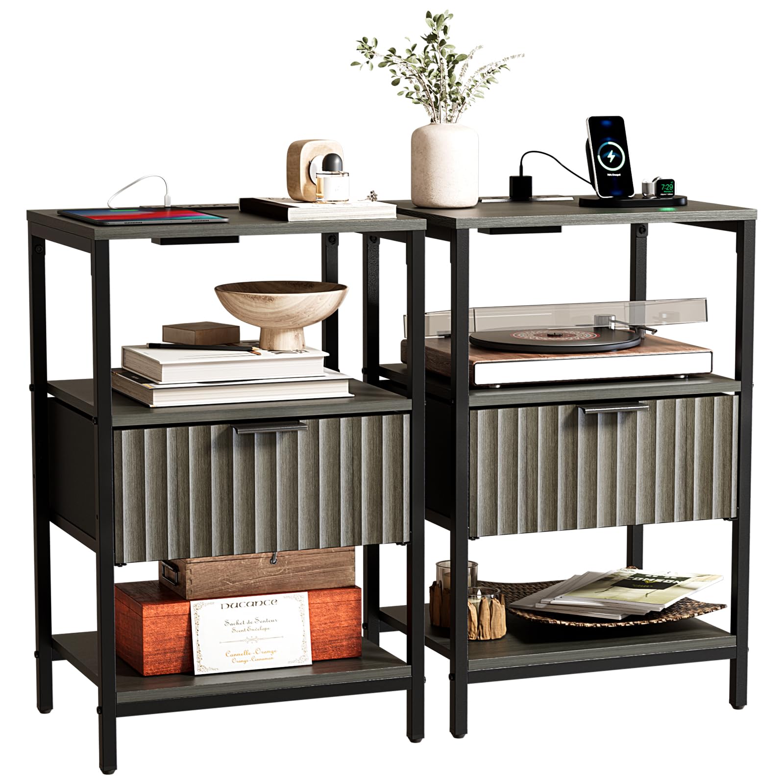 Bonnlo Bedside Table with Charging Station, Grille Nightstand with USB, Type-C and Plug, Small End Tables with 2 Shelve, 1 Fabric Drawers and Cabinet, 38×30×60cm Bedside Cabinet (2, Grey Oak) — image 1