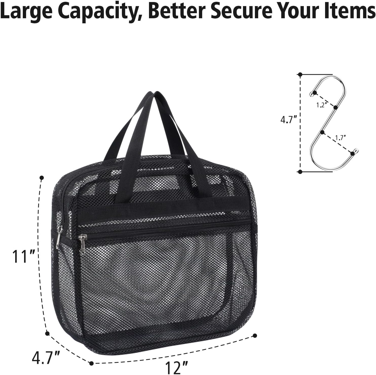 F-color Mesh Shower Caddy Portable with Zipper -Dorm Room Essentials for Guys Girls with S Hook, Shower Bag Basket Tote for College Camping Toiletry Bathroom, Black