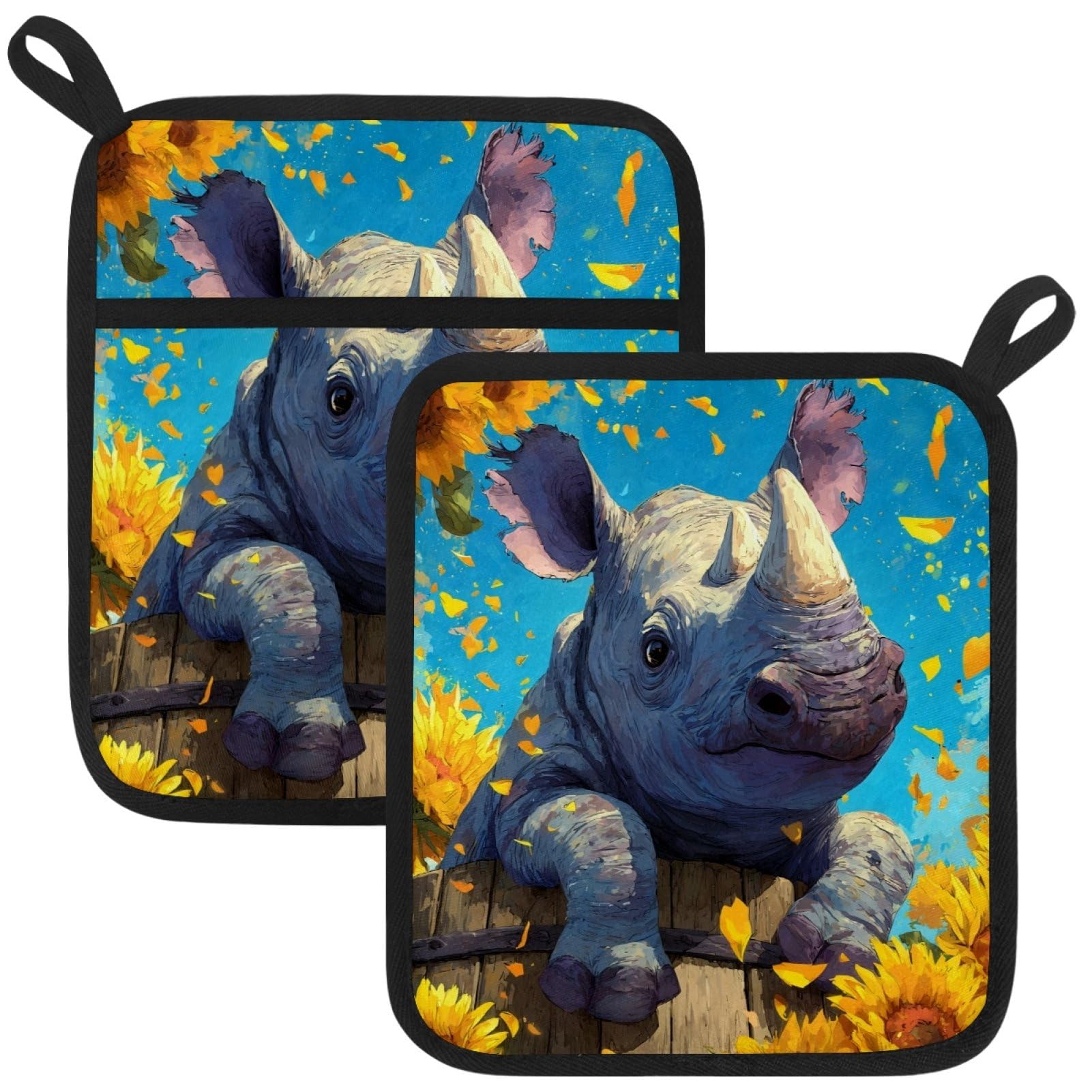 VAPOKF Rhinoceros Sunflower Pot Holders with Pocket for Kitchen Heat Resistant Potholders Large Polyester-Cotton Square Oven Mitts Set