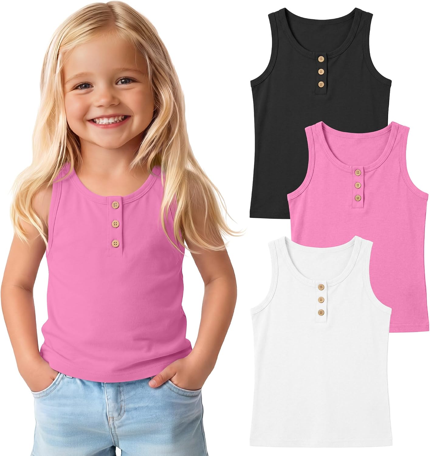 Xaatren 3 Pack Toddler Girls' Tank Tops Toddlers Sleeveless Undershirts Kids Three-Button Crew Neck Tops 18m-5t