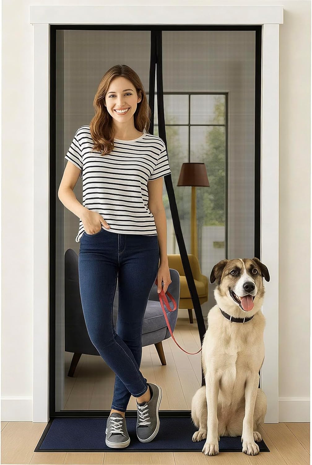 magnetic screen door with upgraded pet material mesh- easy installation, tear-resistant, pet and kid friendly black fit door 34"x80"/screen 36"x82”