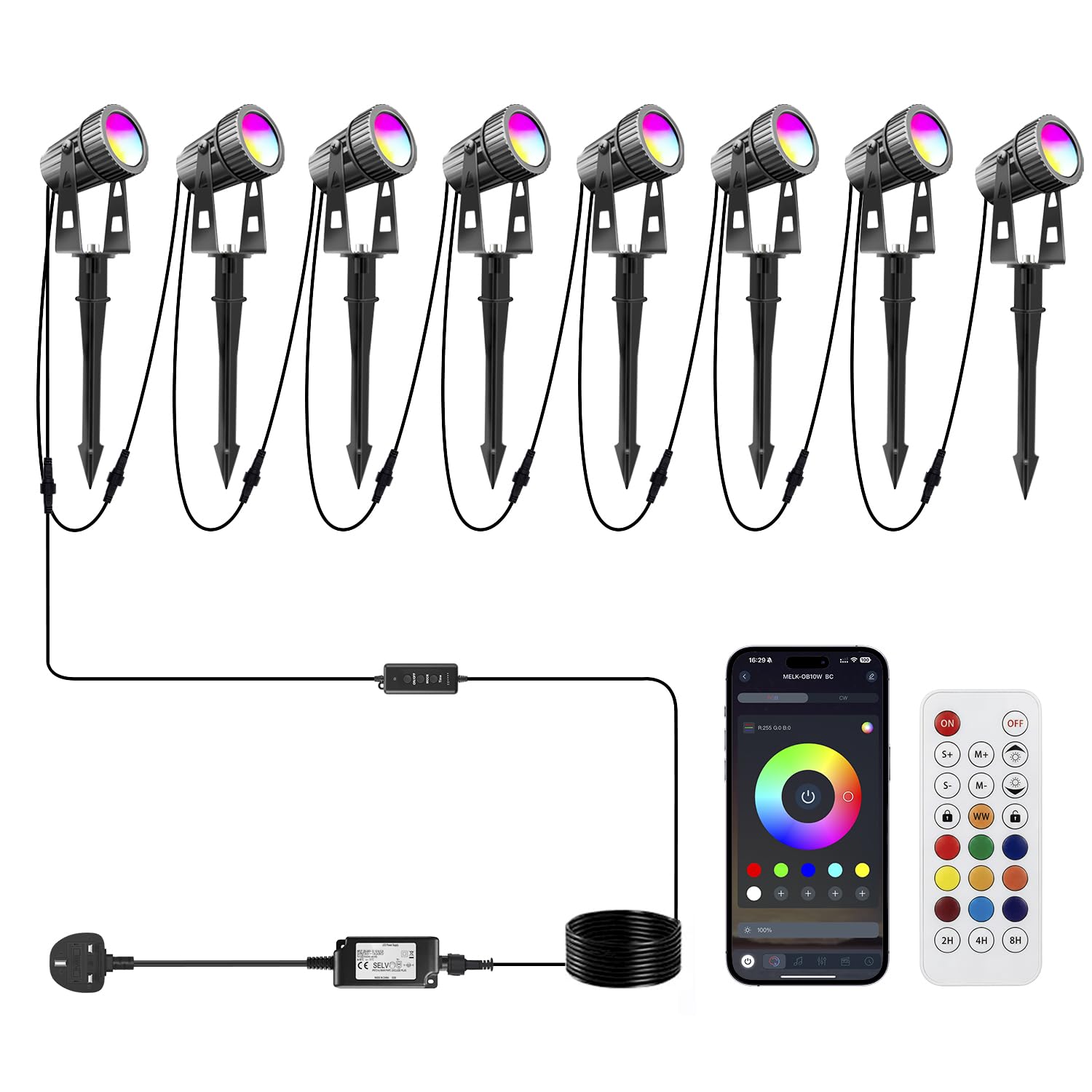 8Pack 24V LED Garden Spike Lights Mains Powered RGB + Warm White, IP65 Waterproof for Outdoor, 26M LED Garden Uplighters Bluetooth App & Remote Control, Color Changing Pathway Lights for Yard