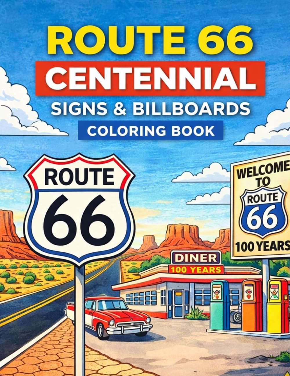 Route 66 Centennial Signs & Billboards Coloring Book: 50 Vintage Route 66 Roadside Signs, Diners, Gas Stations & Classic Americana Scenes to Color