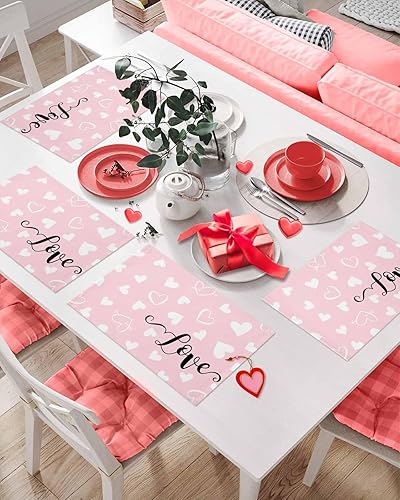 Vista 79 de Juego de 6 manteles individuales rojos para el día de San Valentín, diseño de corazón de San Valentín, resistentes al calor, lavables, manteles