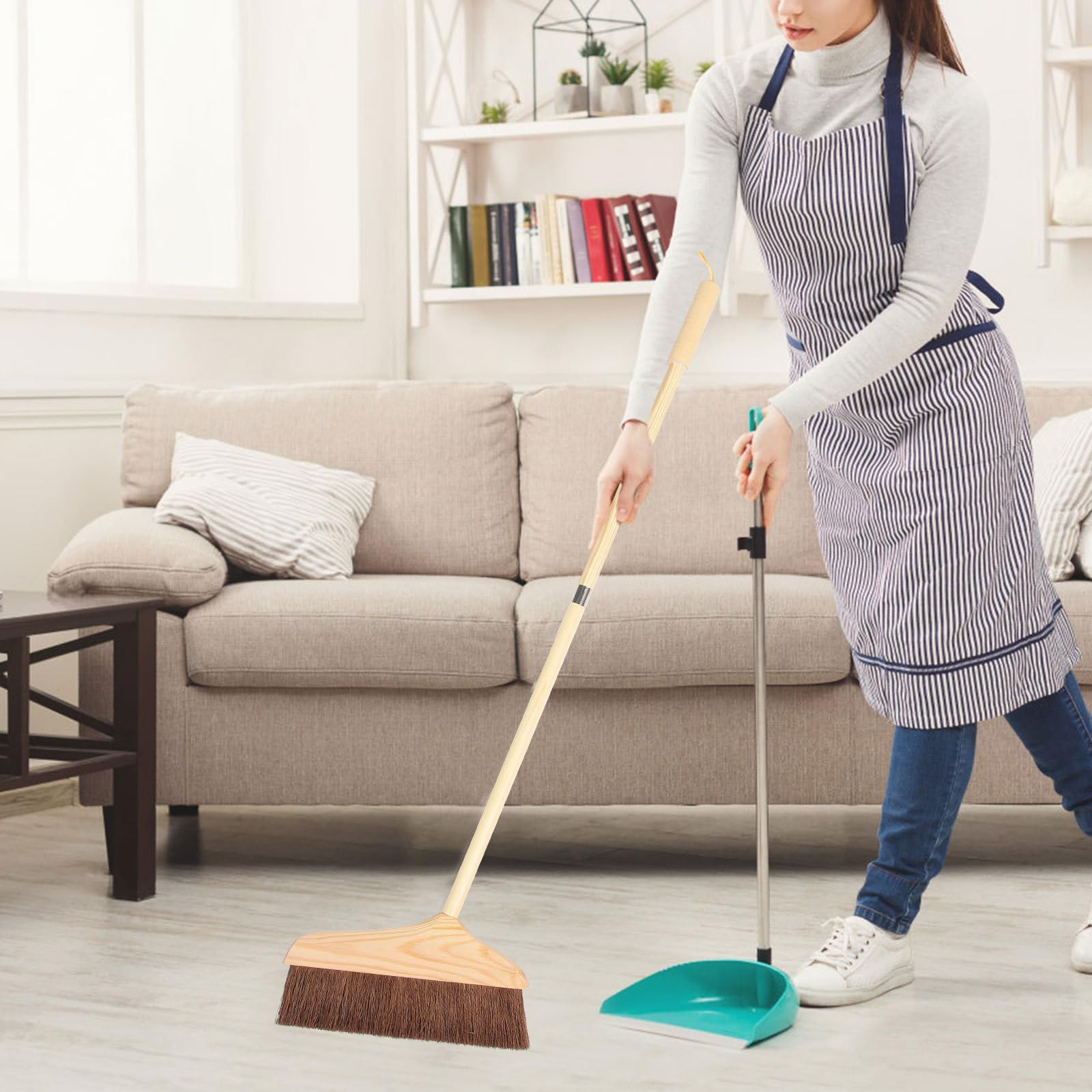 INOOMP Scopa Domestica in Legno Massello Manico e Setole Morbide, Scopa Stabile per Pulizia Pavimenti Casa e Ufficio, Adatta a Legno, Piastrelle e Cemento, Rimozione Peli e Polvere