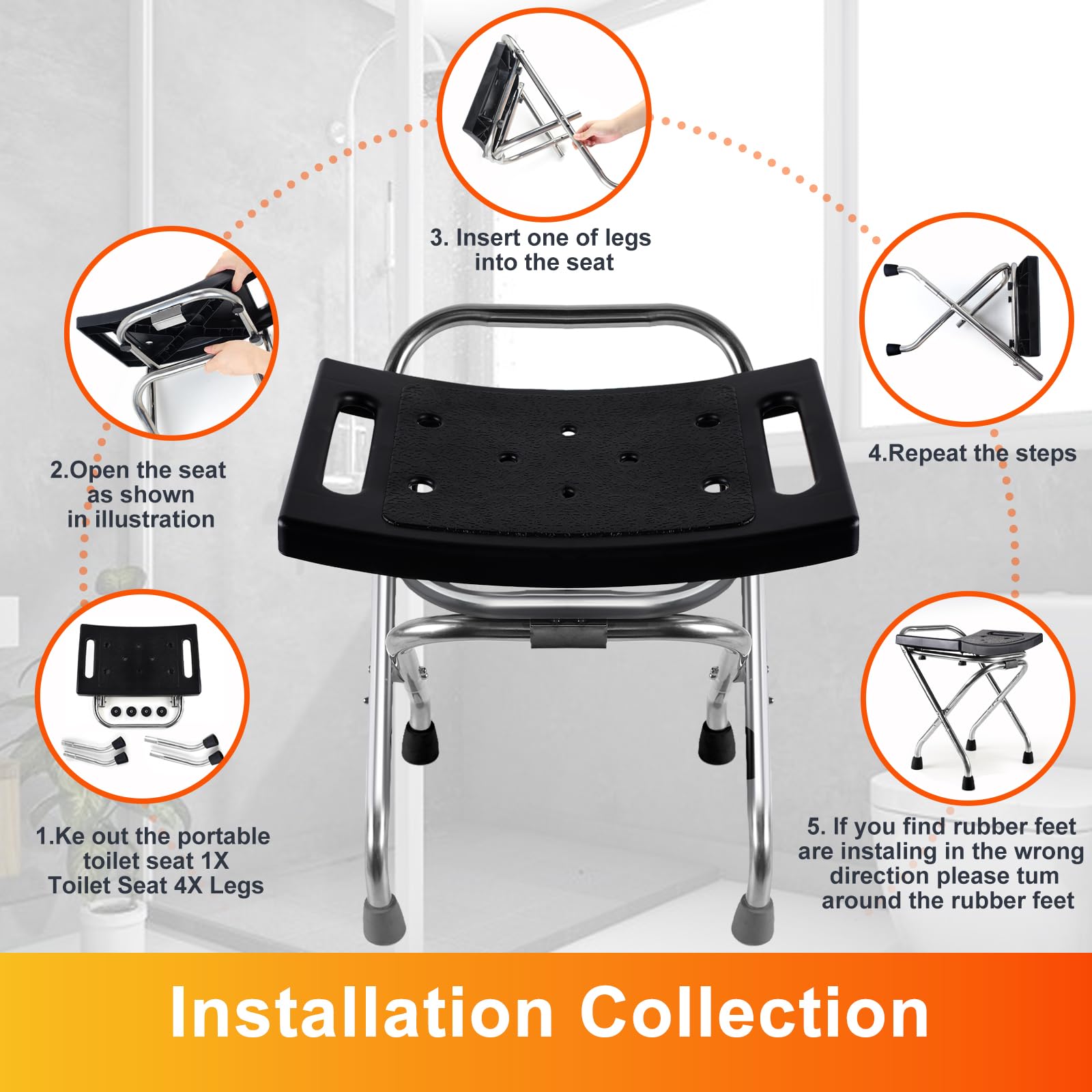 Asiento de ducha plegable, silla de ducha de acero inoxidable elegible para ducha interior, taburete de ducha portátil de 400 libras, silla de baño antideslizante de seguridad para personas mayores,