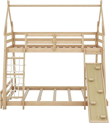 Miniatura 25 de SOFTSEA Litera individual sobre individual con tobogán, literas de casa para niños y niñas (blanco, litera de casa con tobogán) Blanco,Gris,Lavado