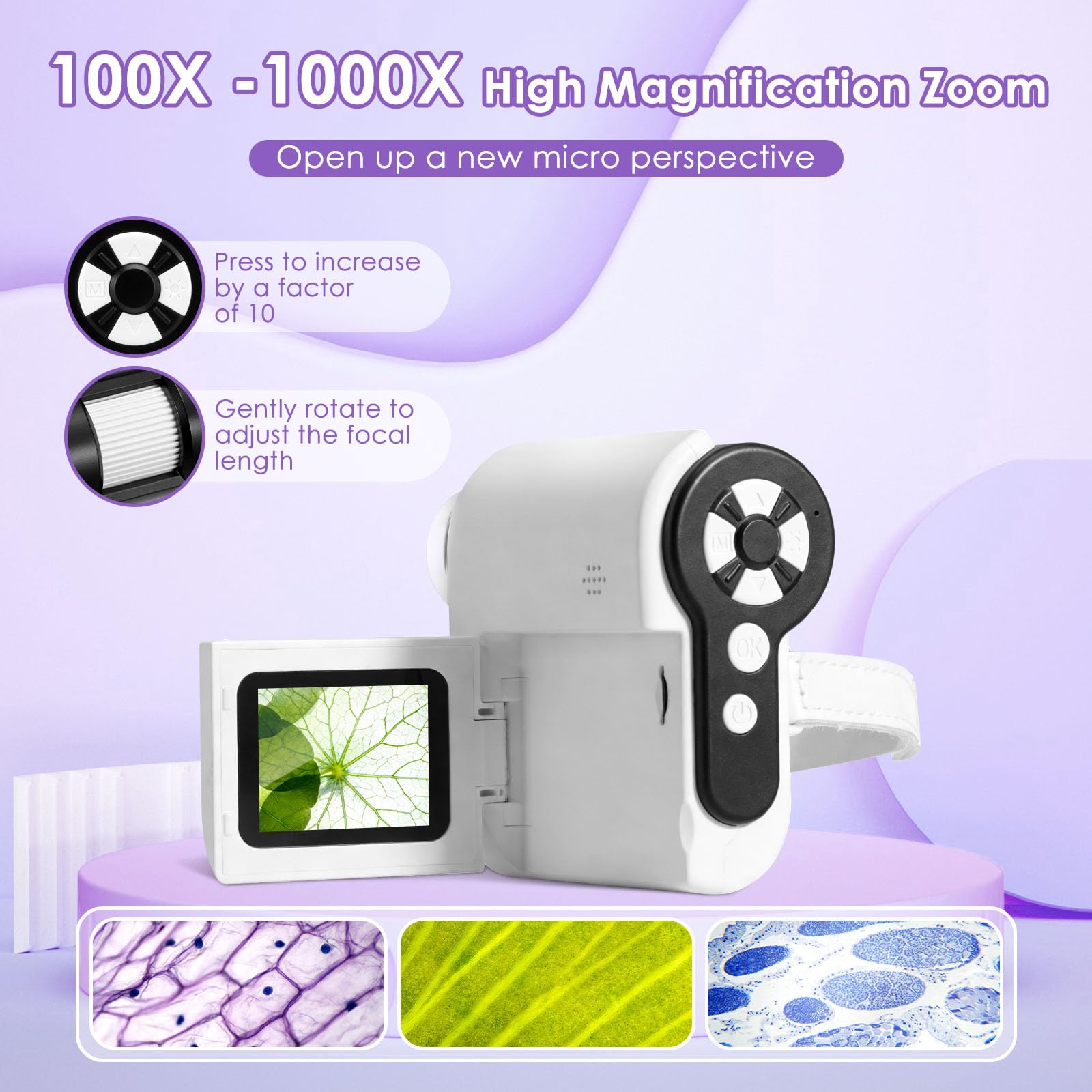 Mikroskop dla dzieci od 8 lat, przenośny mikroskop kieszonkowy 100x–1000x, ekran IPS 2,0" i 6 LED, regulowany mikroskop cyfrowy do obserwacji i nauki, eksploracji na świeżym powietrzu
