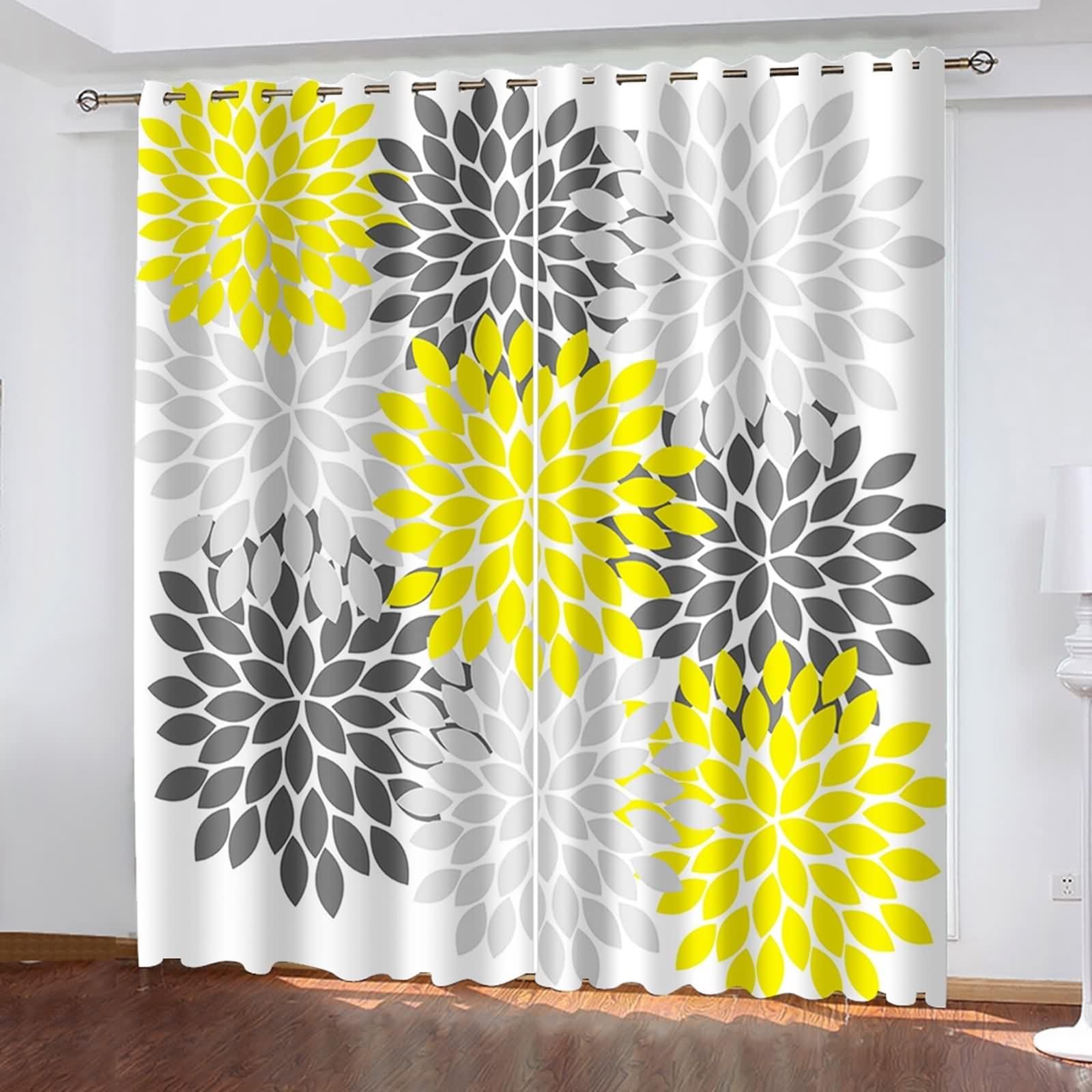 Rideau de cuisine occultant fleurs 214x274 jaune gris noir