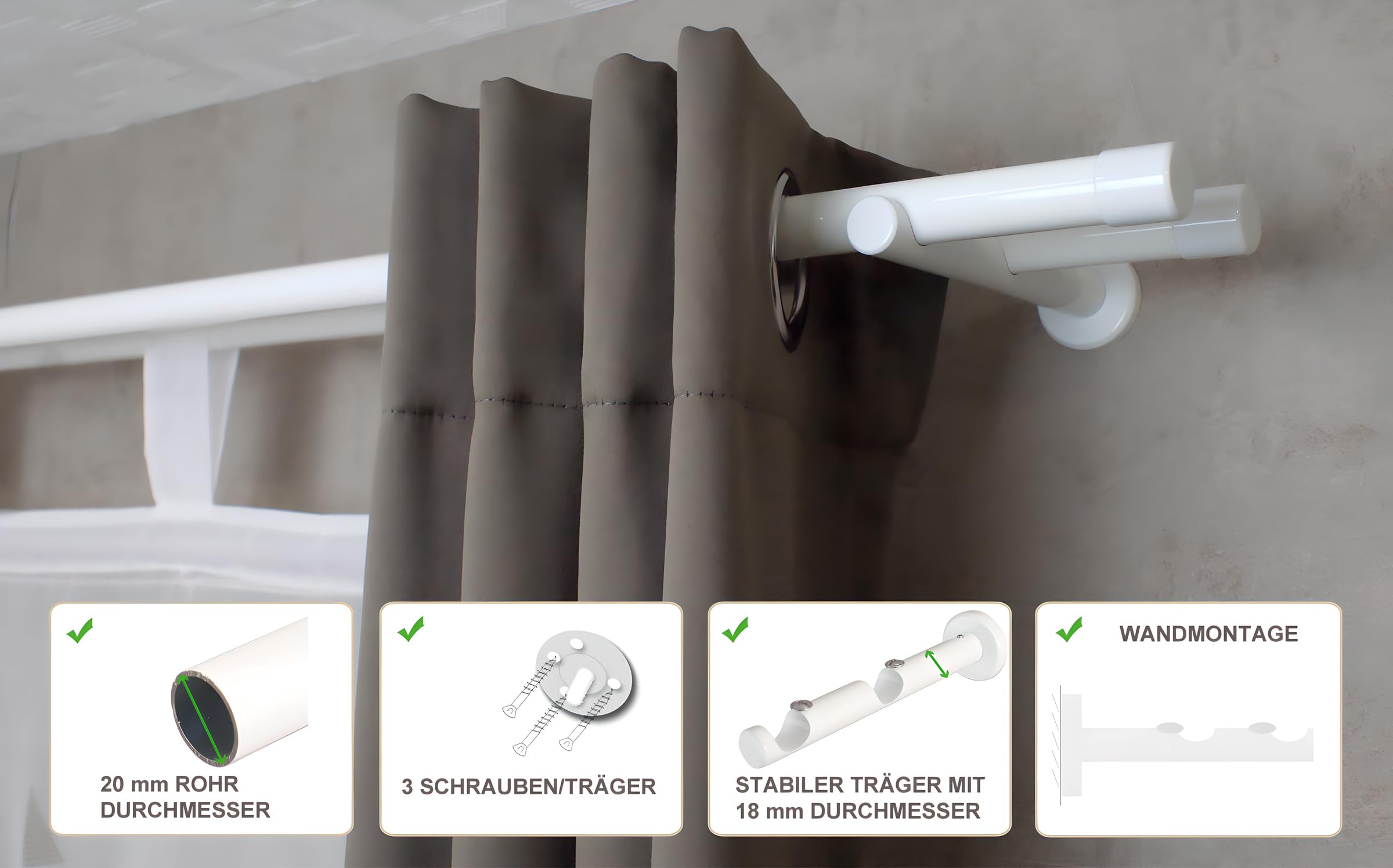 iso-design Gardinenstange weiss 2-läufig 20 mm, Komplettset aus Metall, Vorhangstange zur Wandmontage, Gardinenstangenrohr aus Aluminium, Endstück Kappe 200 cm