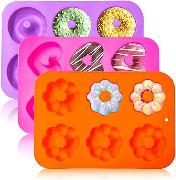 Silicone Donut Pan 3pcs Non-Stick Doughnuts Baking Pans for Donuts, 6 Cavity Fluted Tube Cake Silicone Mold for Baking Orange+Pink+Purple