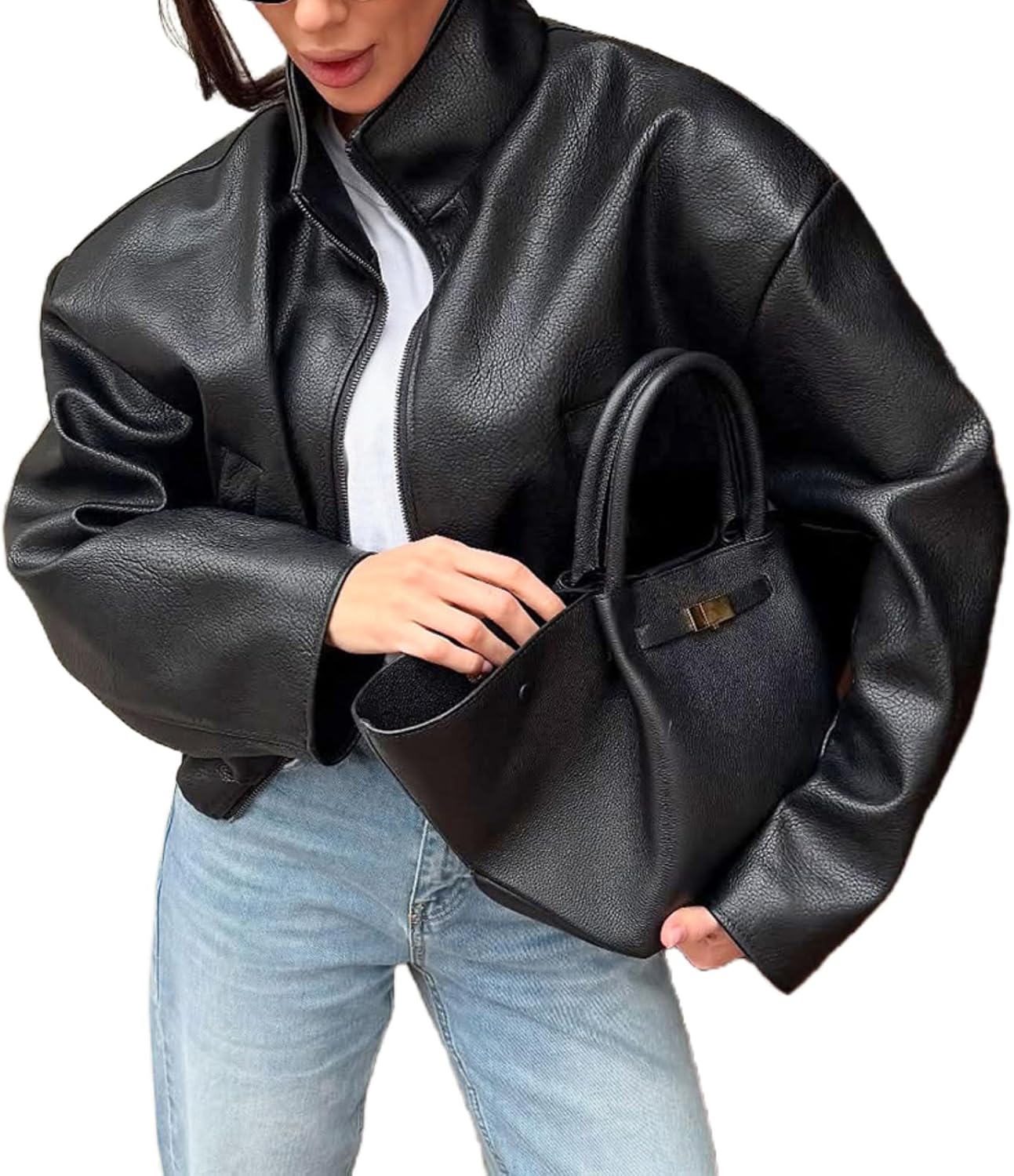 REASERAL Womens Leather Jacket Zipper Stand Collar Motorcycle Jacket Bomber Jacket Fall Winter Faux Coat