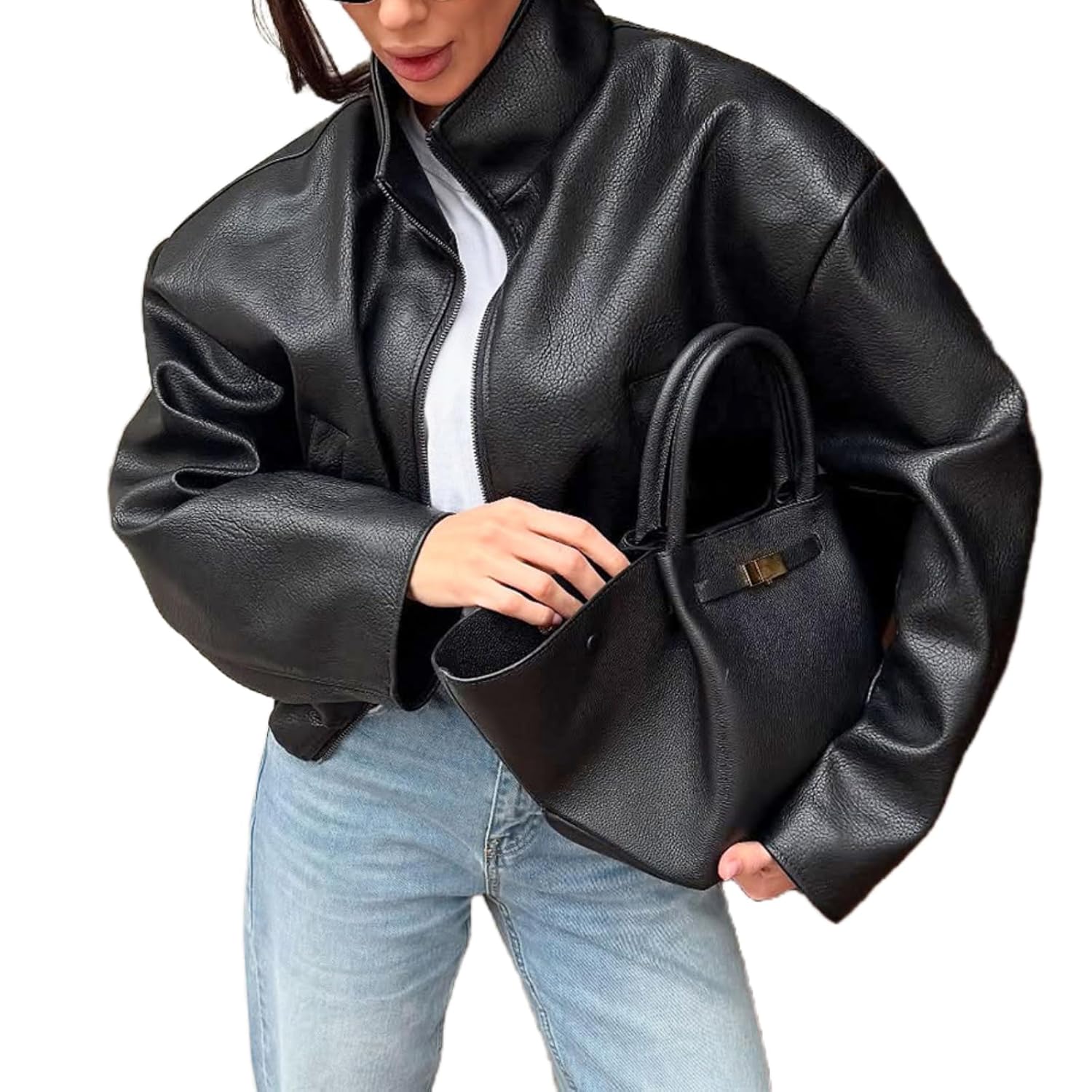 Womens Leather Jacket Zipper Stand Collar Motorcycle Jacket Bomber Jacket Fall Winter Faux Coat