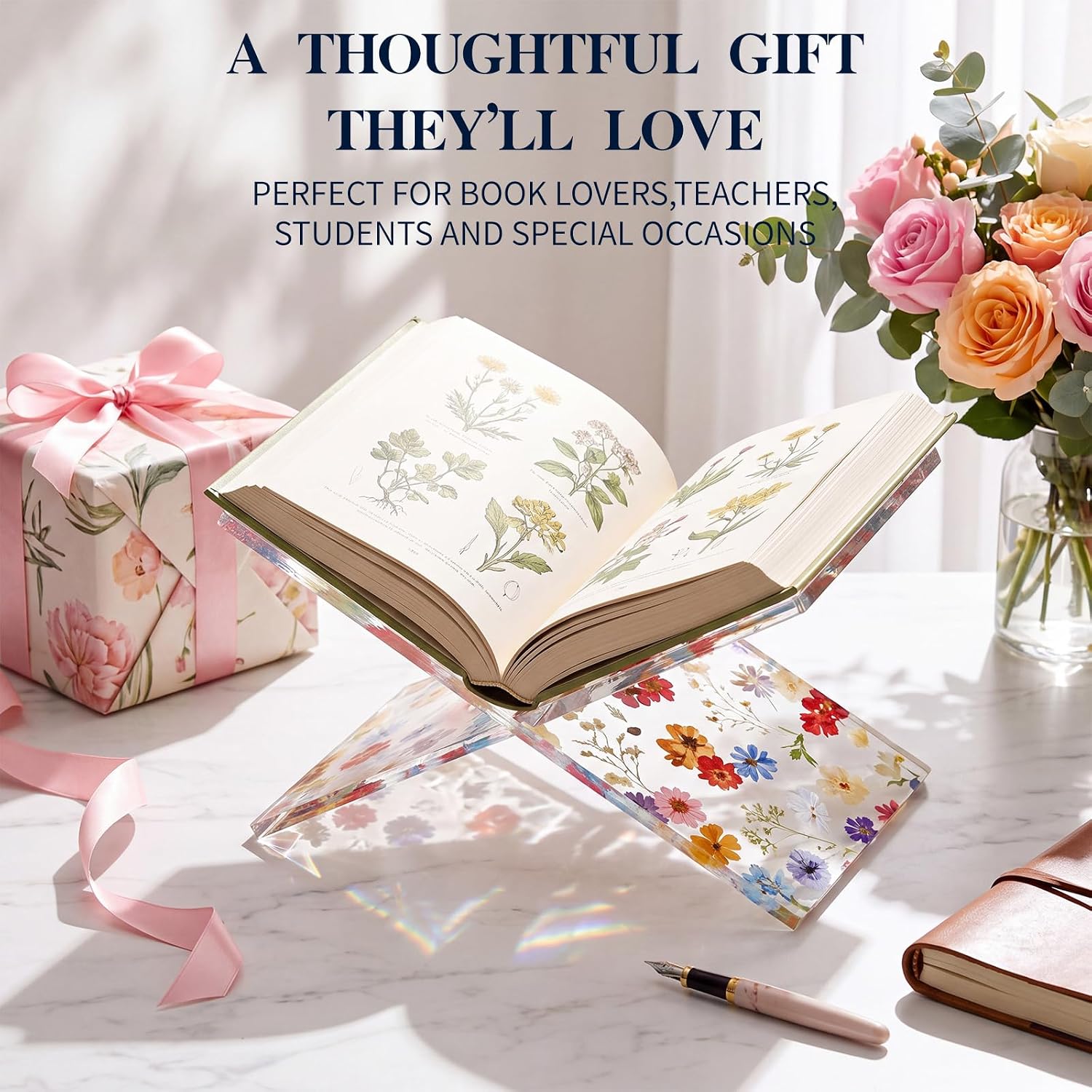 Sabary Acrylic Book Stand for Display 11" x 7" x 6" Floral Open Bookstand